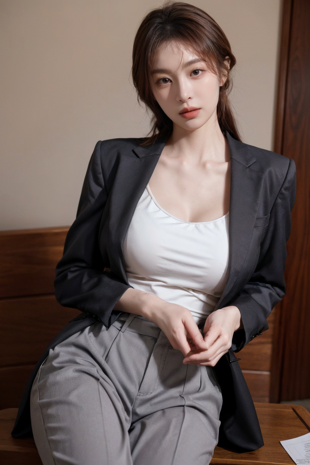  Xlongni,1Girl, suit, (photo reality: 1.3) , Edge lighting, (high detail skin: 1.2) , 8K Ultra HD, high quality, high resolution, (photo reality: 1.3) , wear a purple suit jacket, white shirt inside, large breasts, high-grade feeling, texture pull full, 1 girl,Xlongni,(big_breasts:1.39)