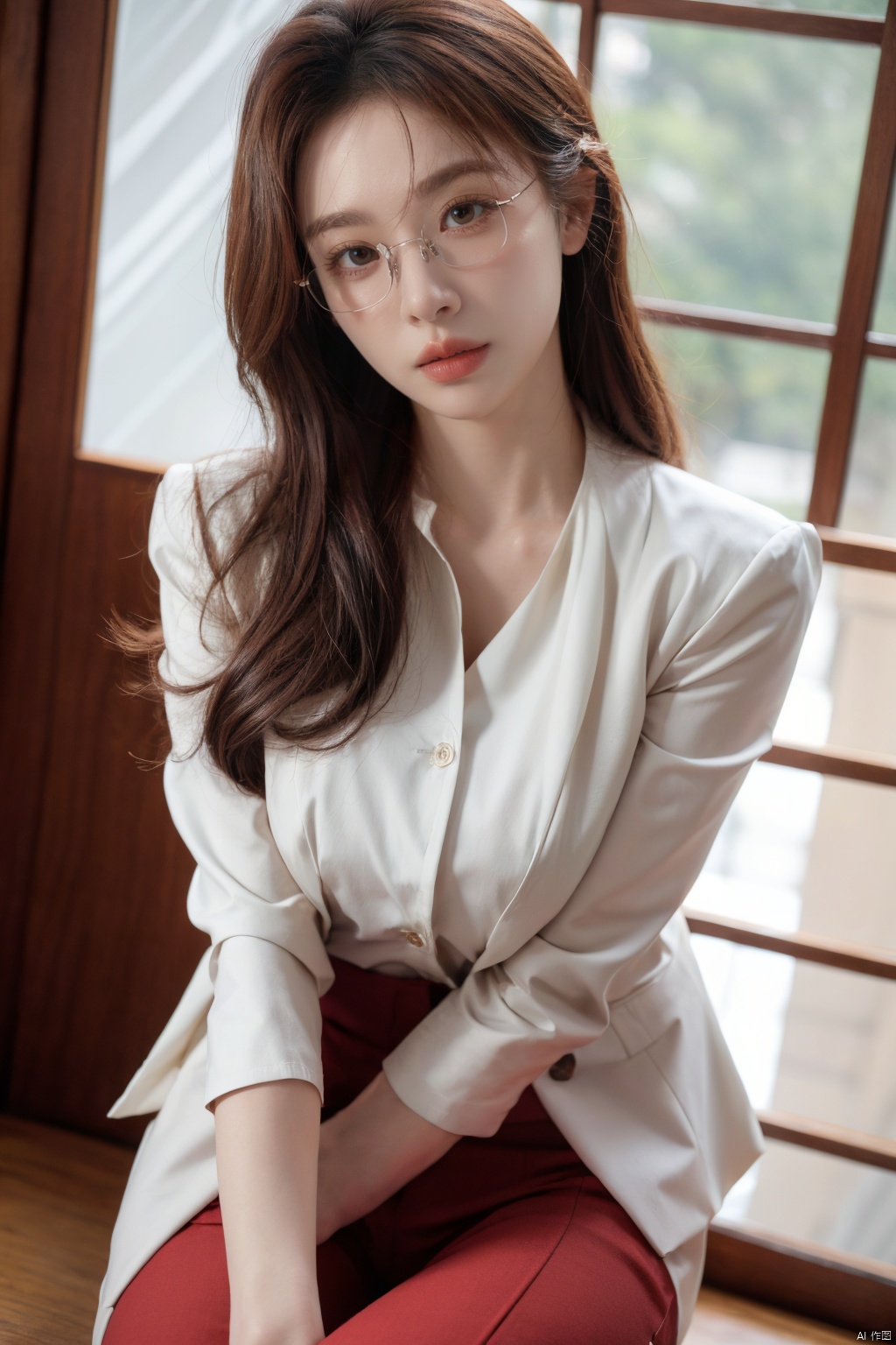 Girl, suit, pretty face, (photo reality: 1.3) , Edge lighting, (high detail skin: 1.2) , 8K Ultra HD, high quality, high resolution, best ratio four fingers and one thumb, (photo reality: 1.3) , wear a red suit jacket, white shirt inside, large breasts, high-grade feeling, texture pull full, 1 girl,Xlongni, Frameless glasses,(big_breasts）