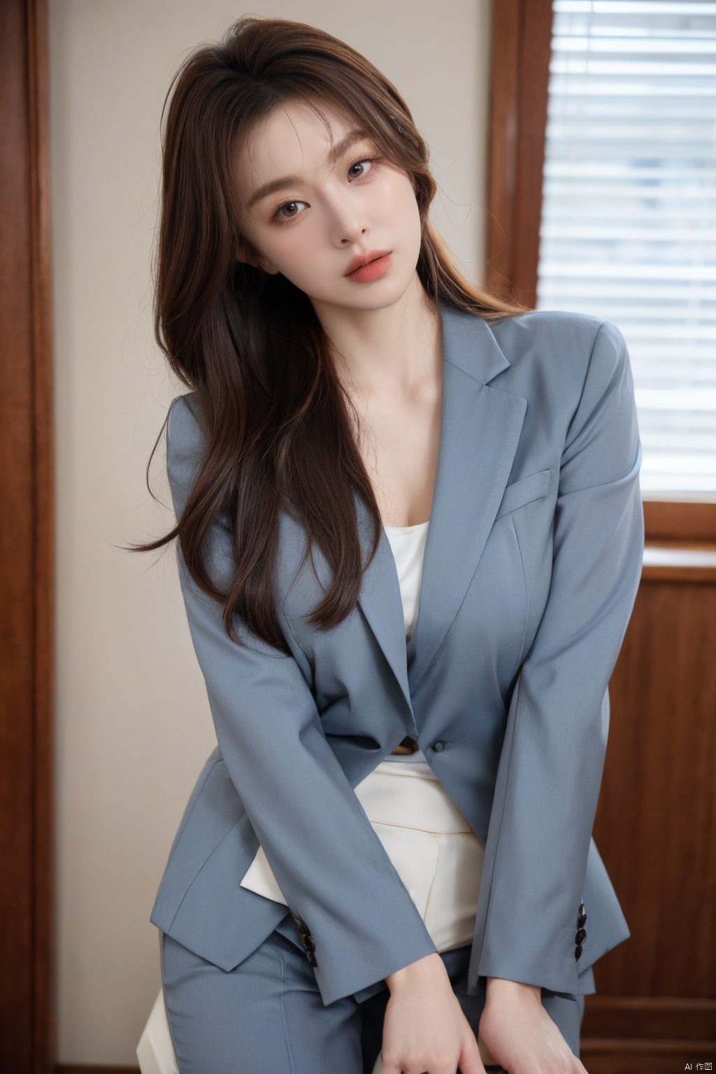  Xlongni,1Girl, suit, (photo reality: 1.3) , Edge lighting, (high detail skin: 1.2) , 8K Ultra HD, high quality, high resolution, (photo reality: 1.3) , (wear a blue suit jacket, white shirt inside:1.29), large breasts, high-grade feeling, texture pull full, 1 girl,Xlongni,(big_breasts:1.39)