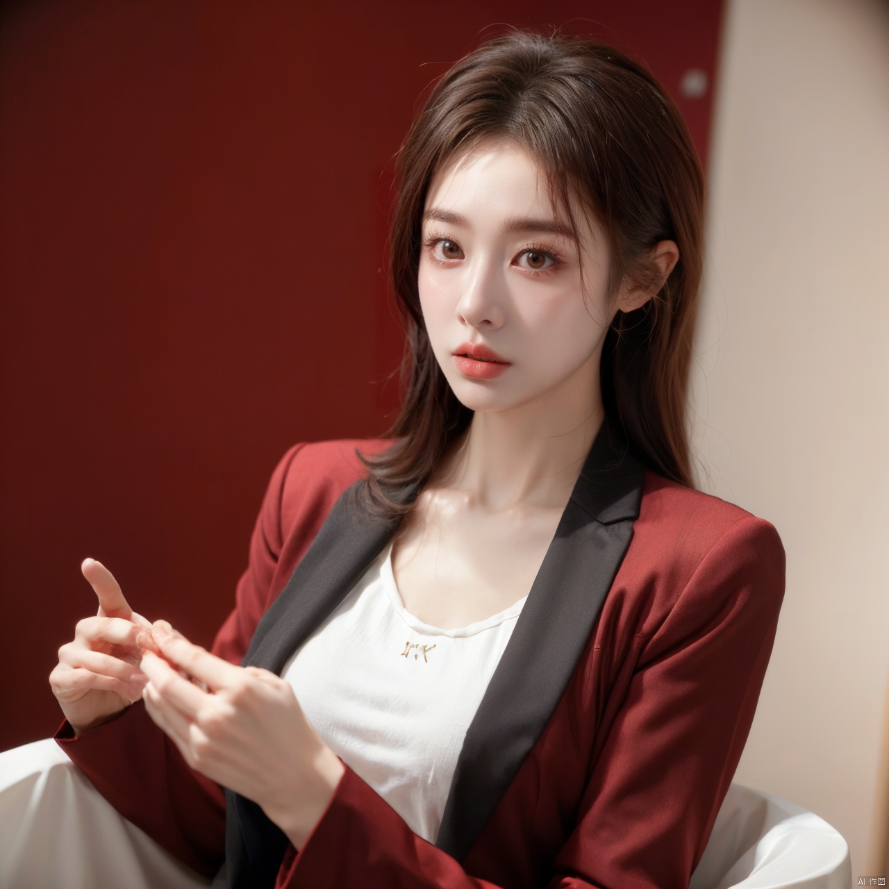  Girl, suit, pretty face, (photo reality: 1.3) , Edge lighting, (high detail skin: 1.2) , 8K Ultra HD, high quality, high resolution, best ratio four fingers and one thumb, (photo reality: 1.3) , wear a red suit jacket, white shirt inside, large breasts, solid color background, solid red background, high-grade feeling, texture pull full, 1 girl,Xlongni, desert_sky, hanfu