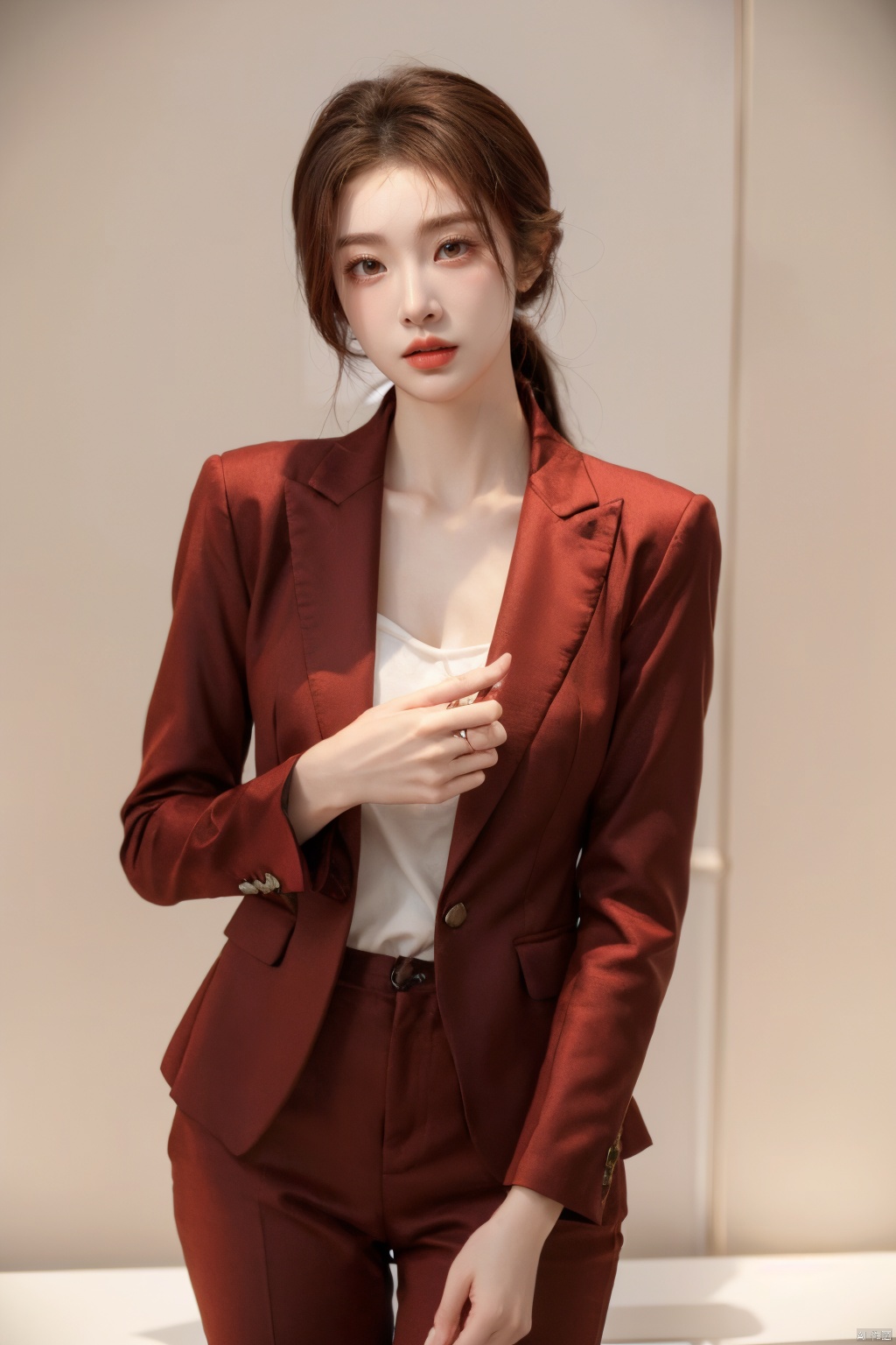  Girl, suit, pretty face, (photo reality: 1.3) , Edge lighting, (high detail skin: 1.2) , 8K Ultra HD, high quality, high resolution, best ratio four fingers and one thumb, (photo reality: 1.3) , wear a red suit jacket, white shirt inside, large breasts, solid color background, solid red background, high-grade feeling, texture pull full, 1 girl,Xlongni, desert_sky, hanfu, Water_butterfly
