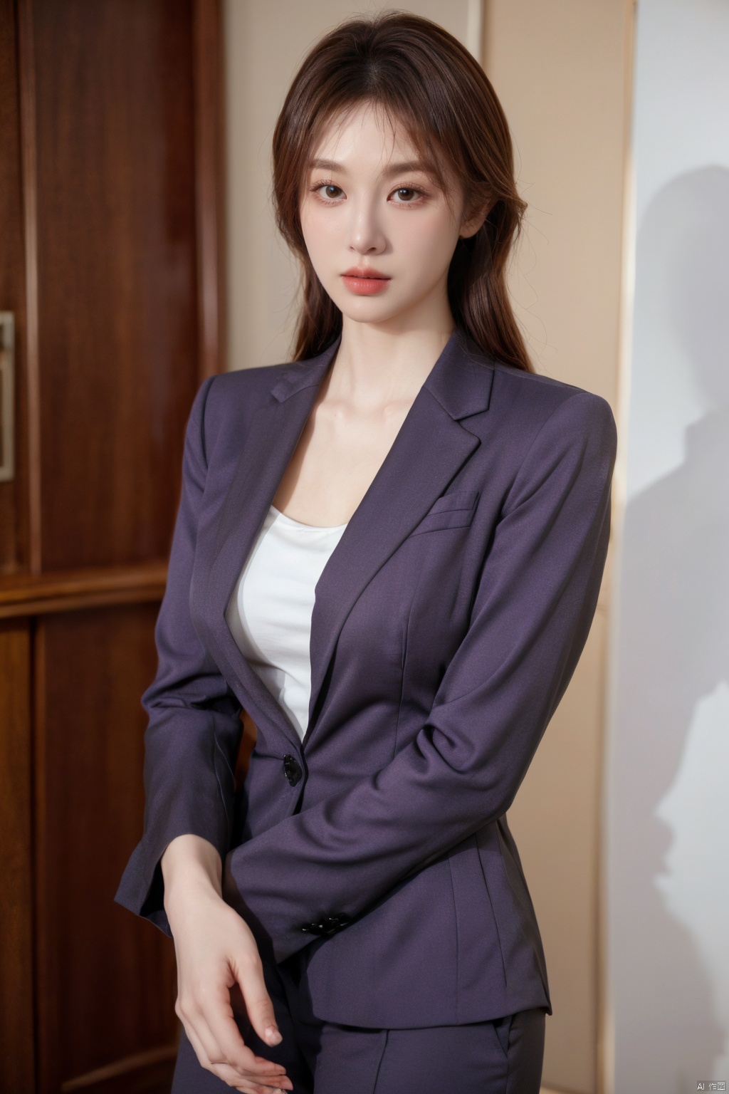  Xlongni,1Girl, suit, (photo reality: 1.3) , Edge lighting, (high detail skin: 1.2) , 8K Ultra HD, high quality, high resolution, (photo reality: 1.3) , (wear a purple suit jacket, white shirt inside:1.29), large breasts, high-grade feeling, texture pull full, 1 girl,Xlongni,(big_breasts:1.39)