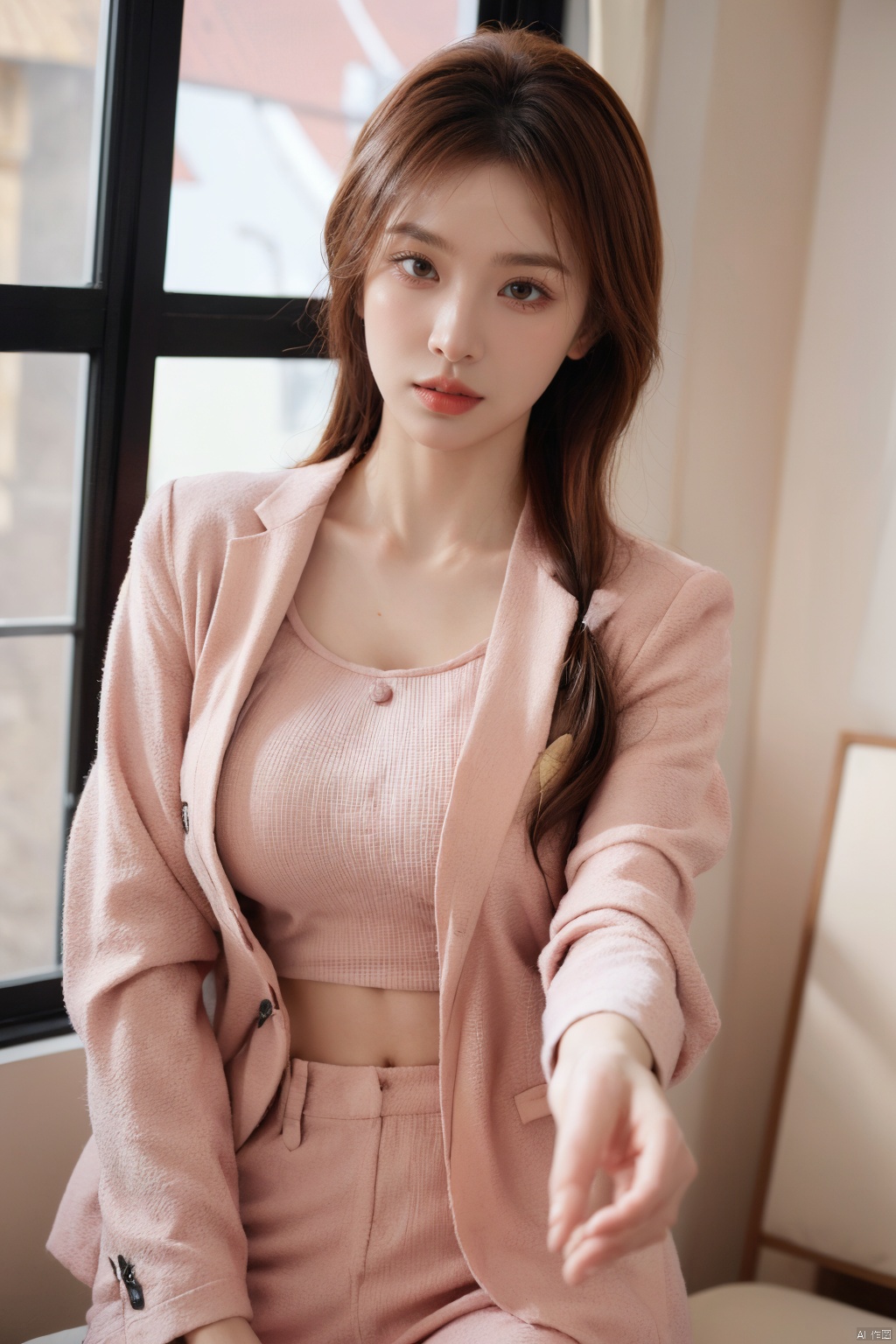  Xlongni,1Girl, suit, (photo reality: 1.3) , Edge lighting, (high detail skin: 1.2) , 8K Ultra HD, high quality, high resolution, (photo reality: 1.3) , (wear a pink suit jacket, white shirt inside:1.29), large breasts, high-grade feeling, texture pull full, 1 girl,Xlongni,(big_breasts:1.39)