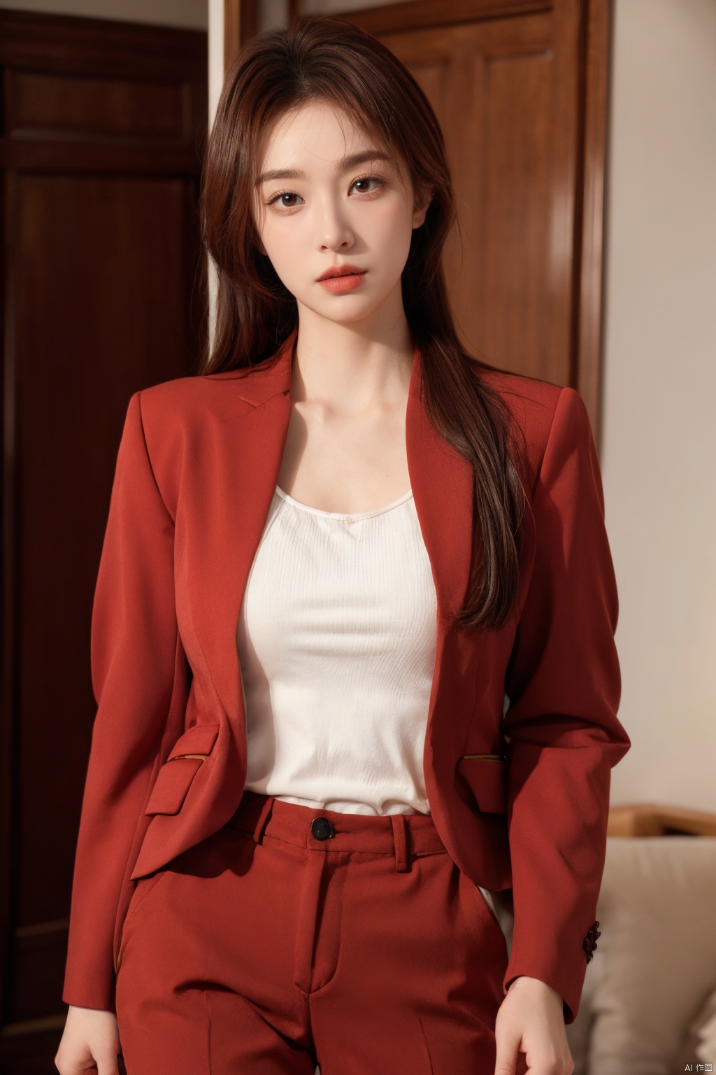  Xlongni,1Girl, suit, (photo reality: 1.3) , Edge lighting, (high detail skin: 1.2) , 8K Ultra HD, high quality, high resolution, (photo reality: 1.3) , (wear a red suit jacket, white shirt inside:1.29), large breasts, high-grade feeling, texture pull full, 1 girl,Xlongni,(big_breasts:1.39)