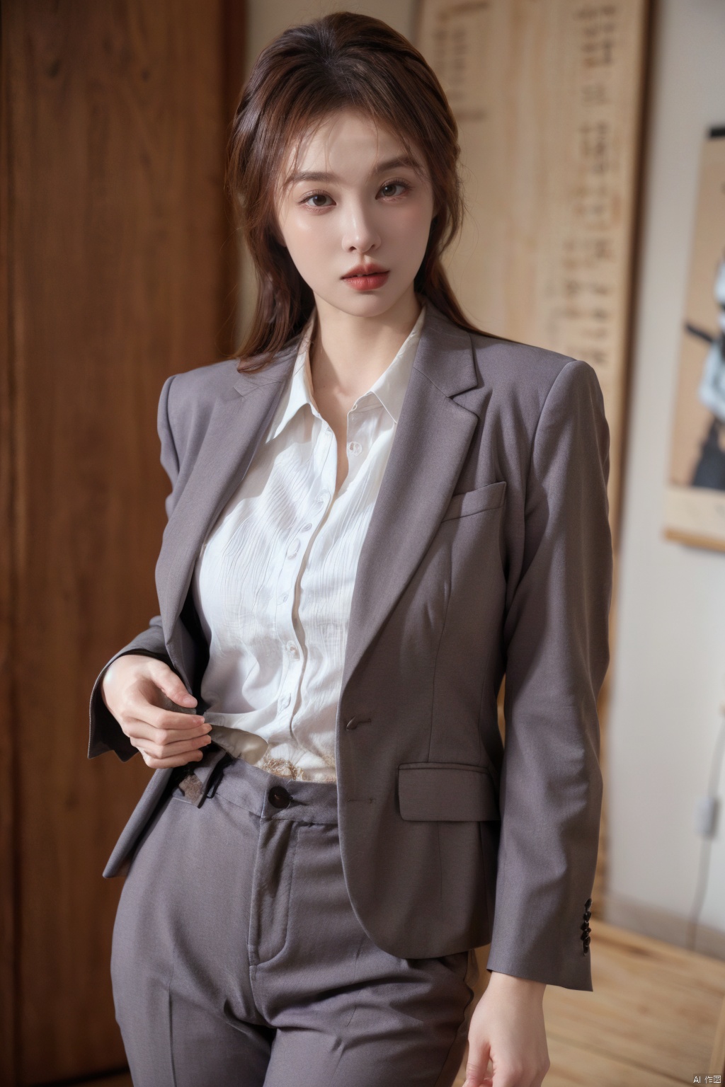  Xlongni,1Girl, suit, (photo reality: 1.3) , Edge lighting, (high detail skin: 1.2) , 8K Ultra HD, high quality, high resolution, (photo reality: 1.3) , (wear a purple suit jacket, white shirt inside:1.29), large breasts, high-grade feeling, texture pull full, 1 girl,Xlongni,(big_breasts:1.39)