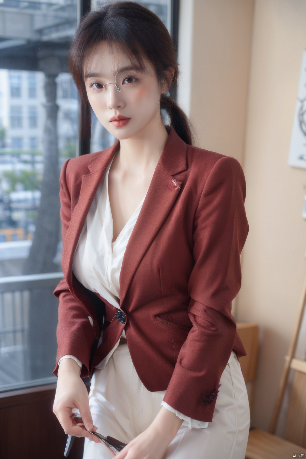  Girl, suit, pretty face, (photo reality: 1.3) , Edge lighting, (high detail skin: 1.2) , 8K Ultra HD, high quality, high resolution, best ratio four fingers and one thumb, (photo reality: 1.3) , wear a red suit jacket, white shirt inside, large breasts, high-grade feeling, texture pull full, 1 girl,Xlongni, Frameless glasses,(big_breasts）,1girl