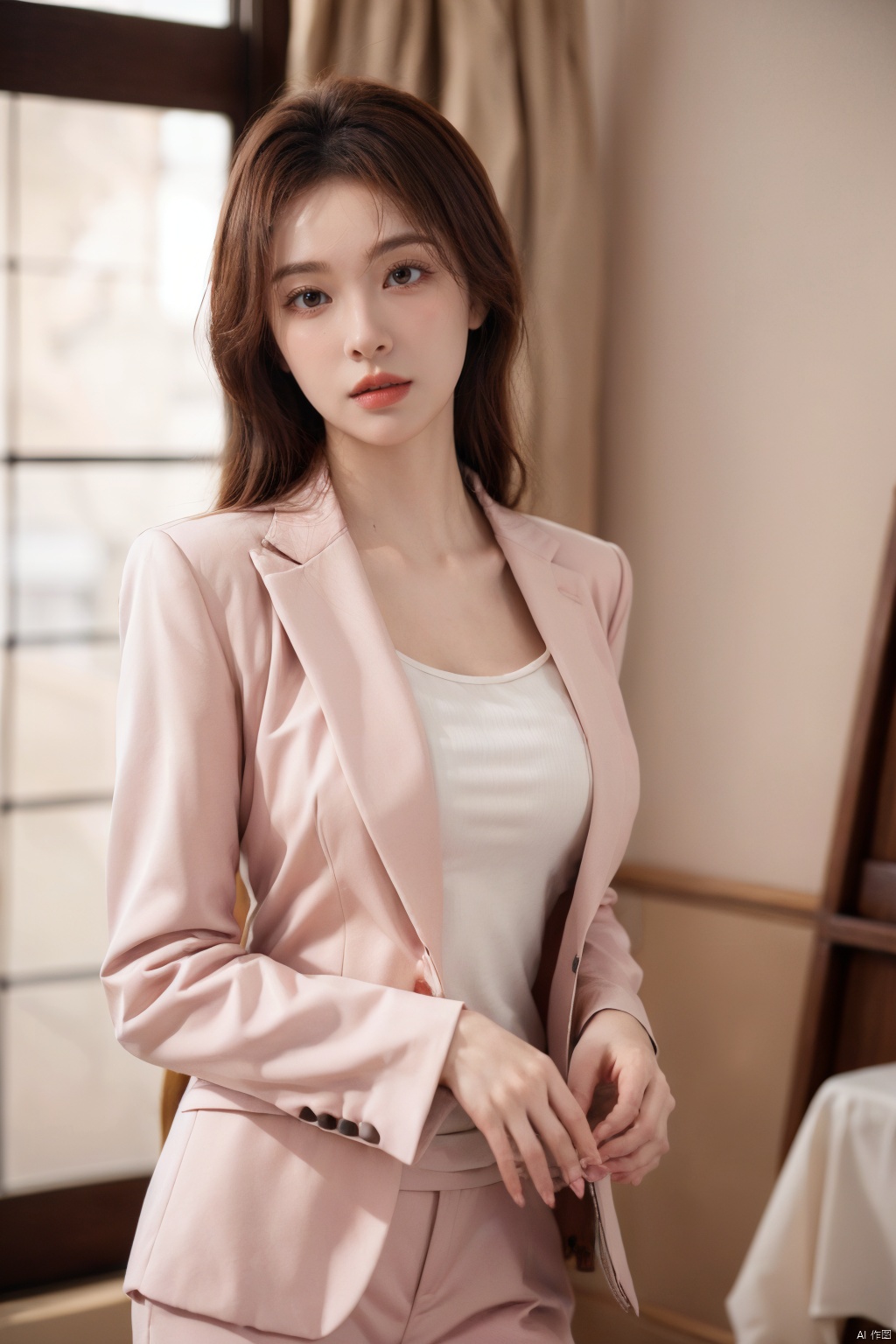  Xlongni,1Girl, suit, (photo reality: 1.3) , Edge lighting, (high detail skin: 1.2) , 8K Ultra HD, high quality, high resolution, (photo reality: 1.3) , (wear a pink suit jacket, white shirt inside:1.29), large breasts, high-grade feeling, texture pull full, 1 girl,Xlongni,(big_breasts:1.39)