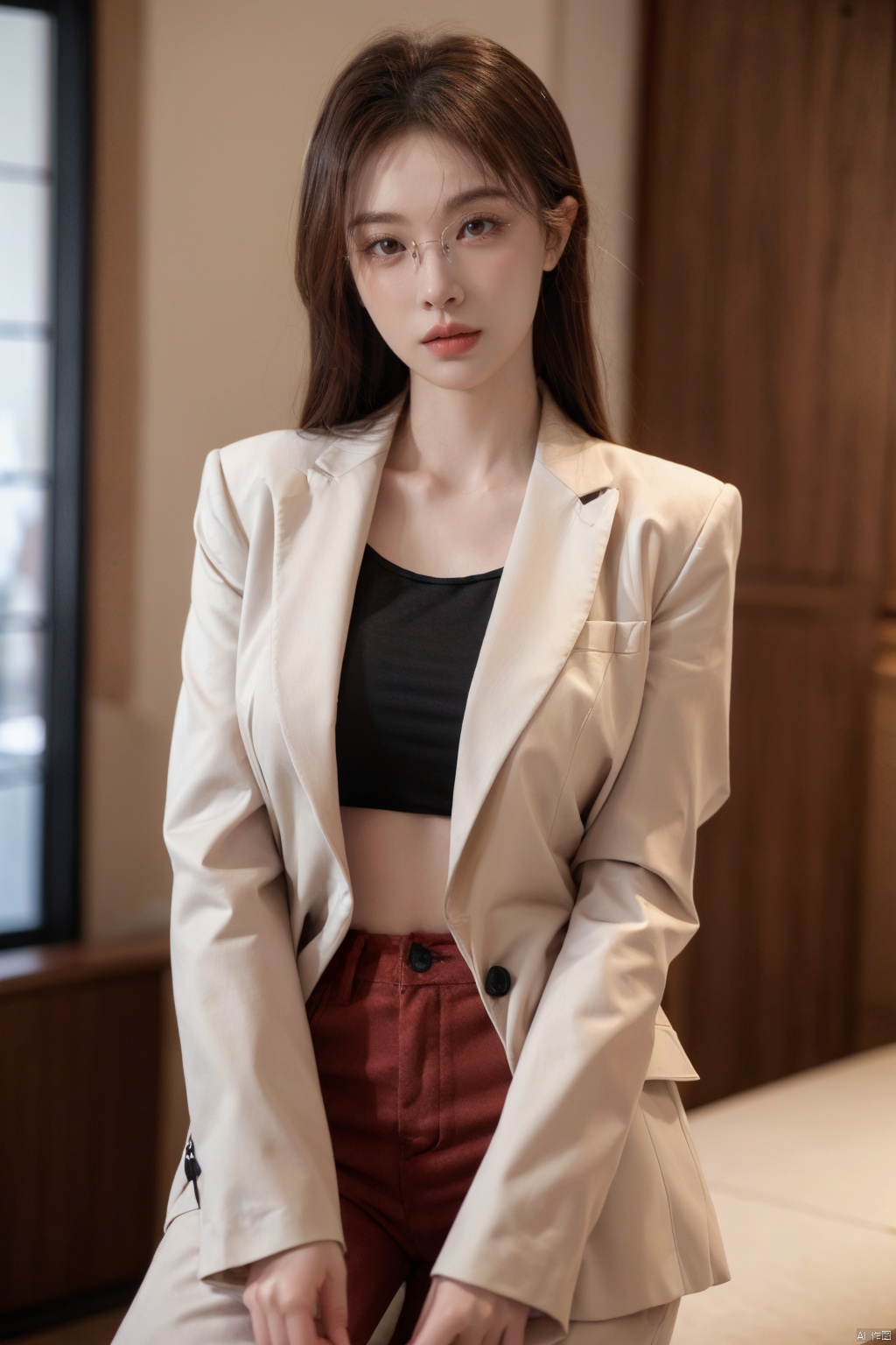  Girl, suit, pretty face, (photo reality: 1.3) , Edge lighting, (high detail skin: 1.2) , 8K Ultra HD, high quality, high resolution, best ratio four fingers and one thumb, (photo reality: 1.3) , wear a red suit jacket, white shirt inside, large breasts, high-grade feeling, texture pull full, 1 girl,Xlongni, Frameless glasses,(big_breasts）