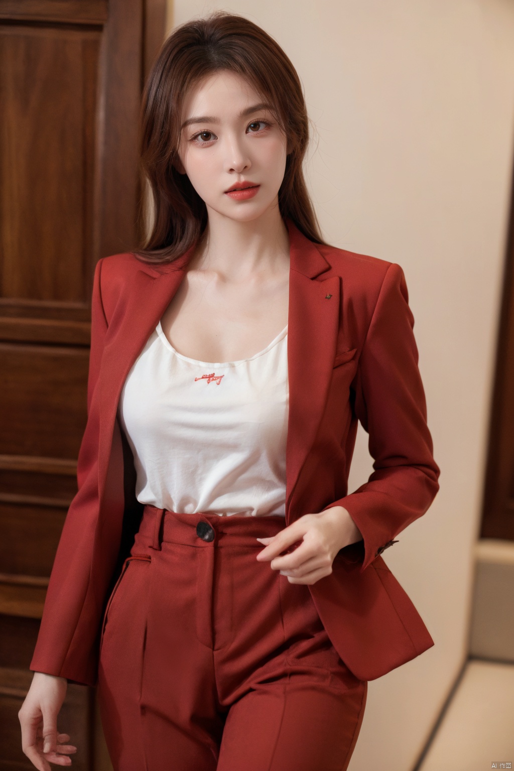  Xlongni,1Girl, suit, (photo reality: 1.3) , Edge lighting, (high detail skin: 1.2) , 8K Ultra HD, high quality, high resolution, (photo reality: 1.3) , (wear a red suit jacket, white shirt inside:1.29), large breasts, high-grade feeling, texture pull full, 1 girl,Xlongni,(big_breasts:1.39)