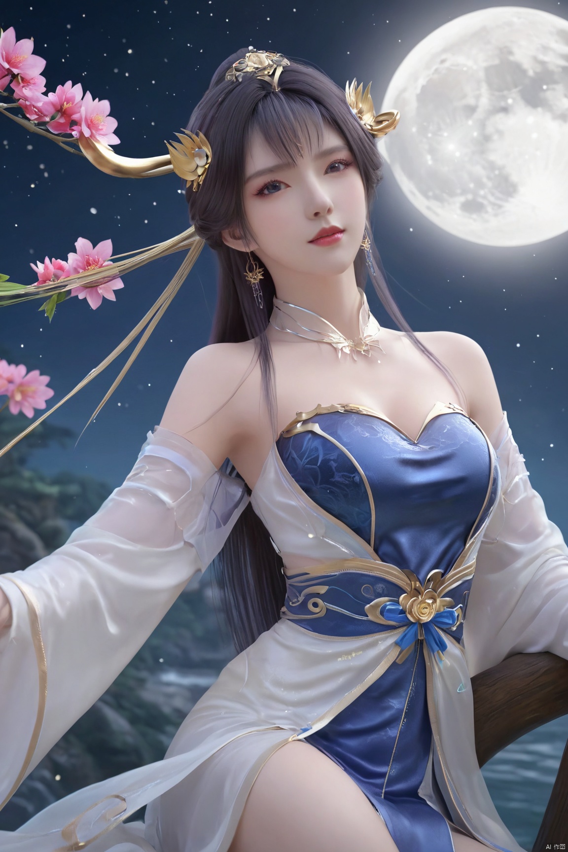 1girl,Xtianqiong,flower,big breasts,moon,