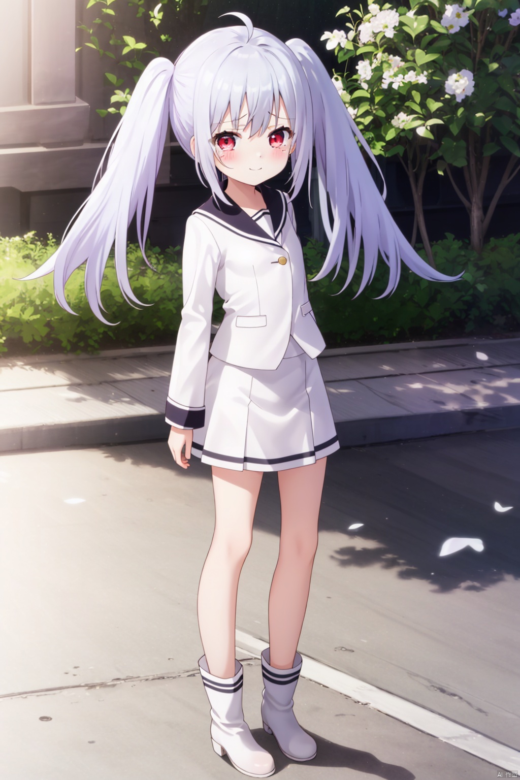 1girl,Silver hair, twintails,ahoge, ,White skirt,smile,red eyes,loli,blush, masterpiece, long hair, looking at viewer, blush, standing,  , tears,   , slim,small_breasts,,,standing,,Long legs,,white boots,ela