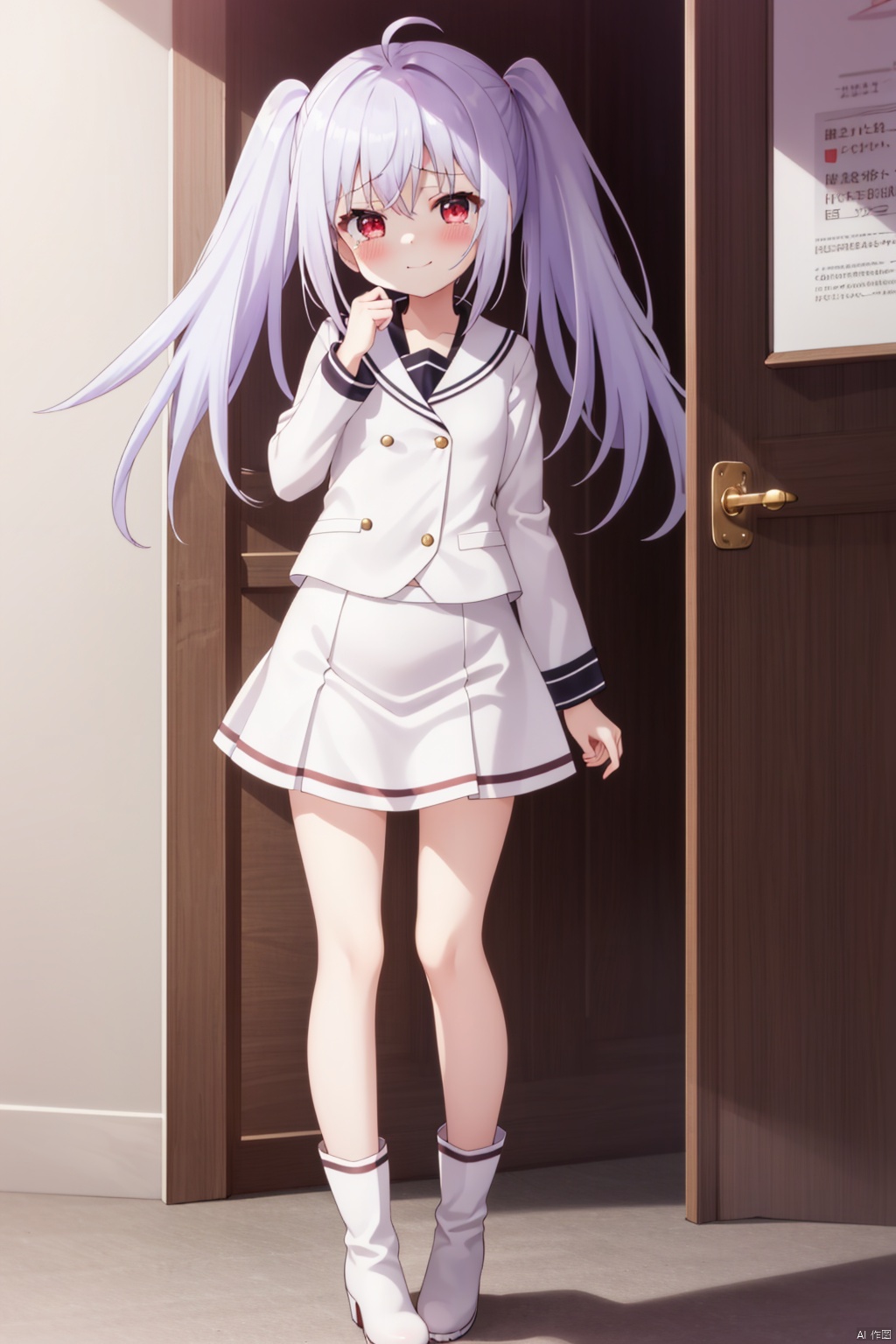 1girl,Silver hair, twintails,ahoge, ,White skirt,smile,red eyes,loli,blush, masterpiece, long hair, looking at viewer, blush, standing,  , tears,   , slim,small_breasts,,,standing,,Long legs,,white boots,ela