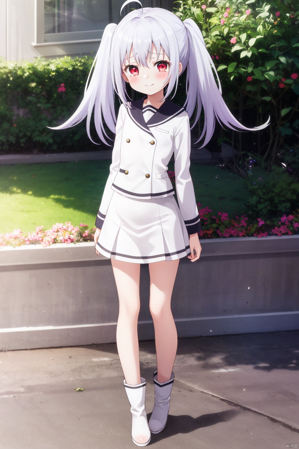 1girl,Silver hair, twintails,ahoge, ,White skirt,smile,red eyes,loli,blush, masterpiece, long hair, looking at viewer, blush, standing,  , tears,   , slim,small_breasts,,,standing,,Long legs,,white boots,ela