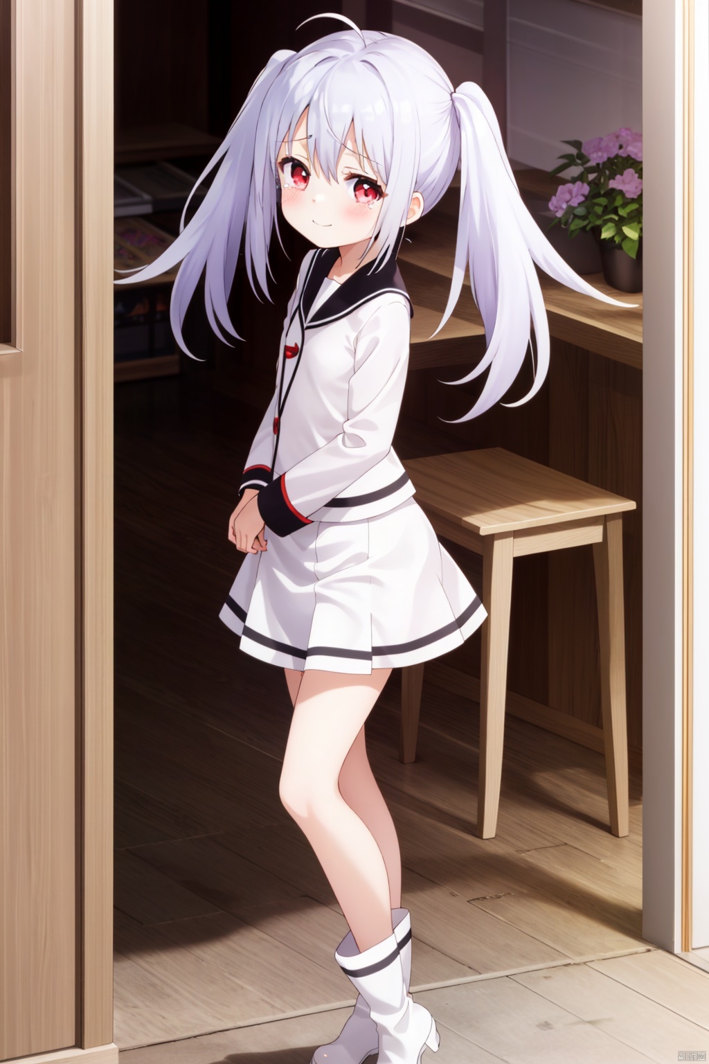 1girl,Silver hair, twintails,ahoge, ,White skirt,smile,red eyes,loli,blush, masterpiece, long hair, looking at viewer, blush, standing,  , tears,   , slim,small_breasts,,,standing,,Long legs,,white boots,ela