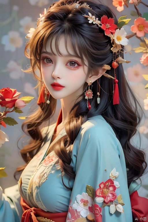 1girl, solo, long hair, black hair, hair accessories, jewelry, closed mouth, upper body, flowers, earrings, blur, side, eyelashes, side, makeup, red background, Chinese costume, red flowers, fringe, branch, red lips, fringe earrings, fruit grain, no hand, very beautiful, masterpiece, best quality, super detail, animation style, key vision, full_body