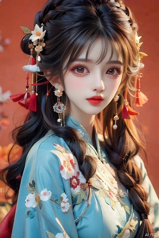 1girl, solo, long hair, black hair, hair accessories, jewelry, closed mouth, upper body, flowers, earrings, blur, side, eyelashes, side, makeup, red background, Chinese costume, red flowers, fringe, branch, red lips, fringe earrings, fruit grain, no hand, very beautiful, masterpiece, best quality, super detail, animation style, key vision, full_body