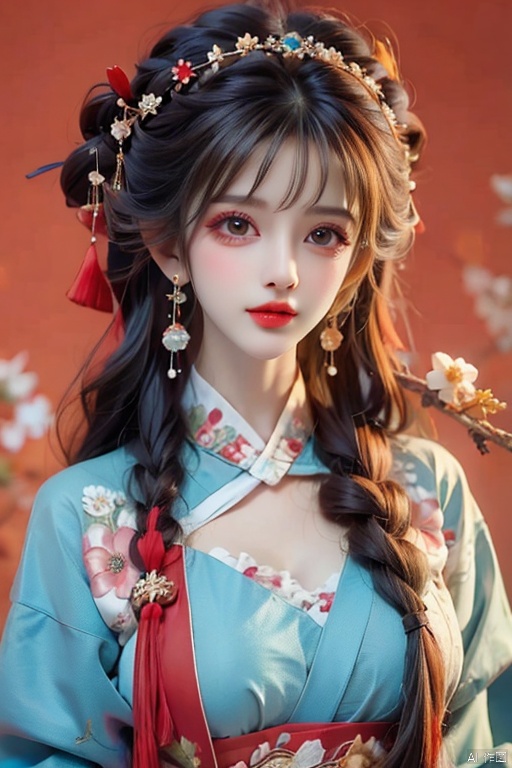 1girl, solo, long hair, black hair, hair accessories, jewelry, closed mouth, upper body, flowers, earrings, blur, side, eyelashes, side, makeup, red background, Chinese costume, red flowers, fringe, branch, red lips, fringe earrings, fruit grain, no hand, very beautiful, masterpiece, best quality, super detail, animation style, key vision, full_body