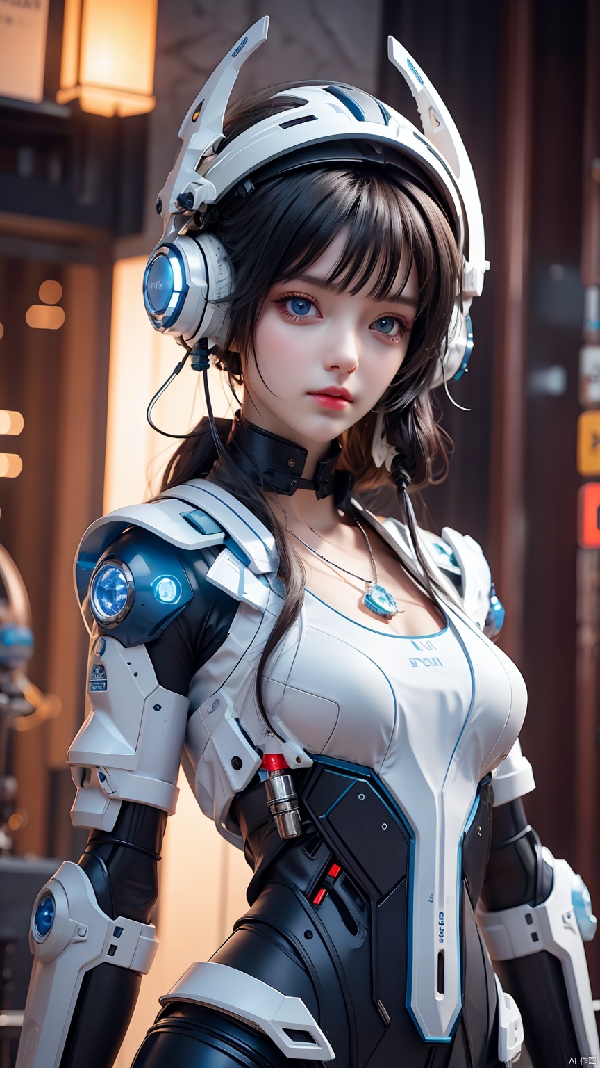  1Girl, blue eyes, glowing, looking at the audience, glowing small mechanical earphones, integrated mechanical earphone helmet, wrapped helmet, white complex structure helmet, mechanical weapon on the left head, white clothing, multi light source mecha helmet, necklace, realistic, black hair, science fiction, single person, close-up, upper body, slanted body, realistic materials, indoor, 1girl,Cyberpunk