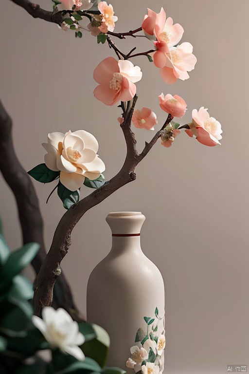  xihuwen, Beige bottle, front angle, left light and shadow, gardenia, floral decoration, petals, stone, wide-angle, e-commerce photography, high-definition, left simple branch light and shadow background