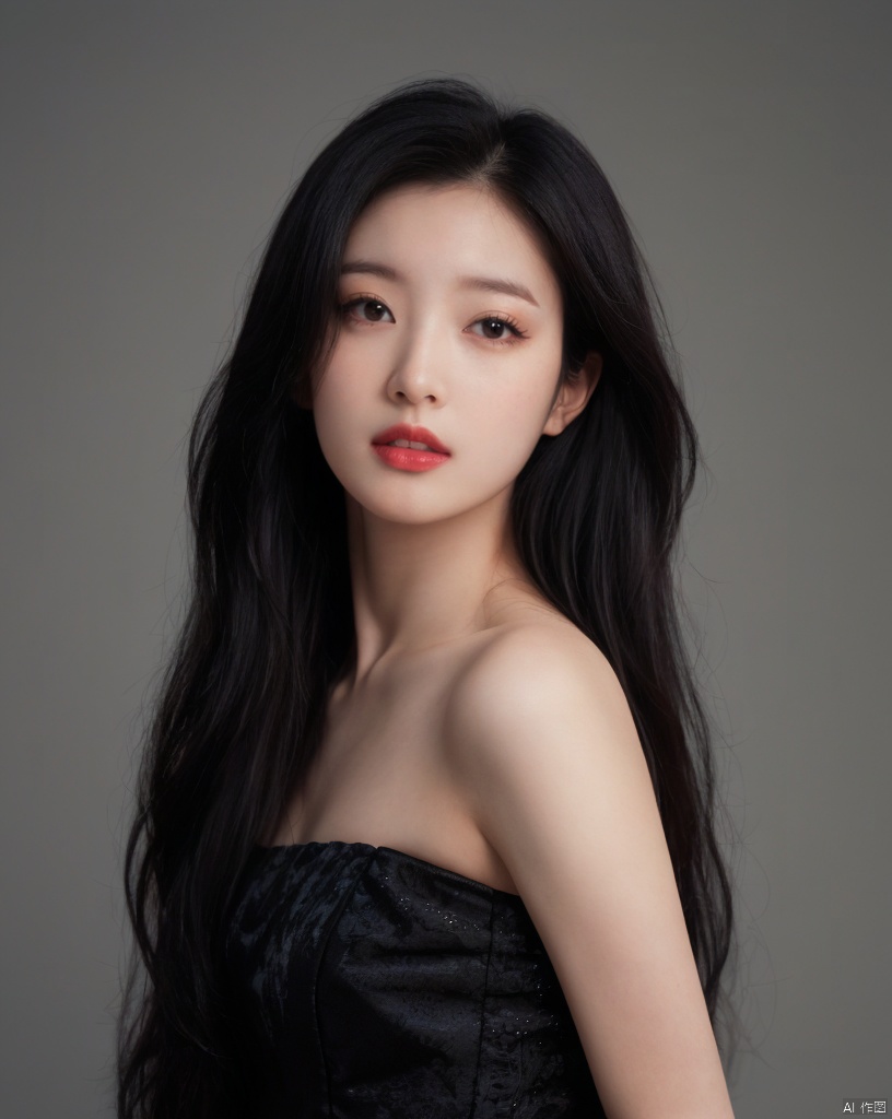 1girl, solo, long hair, looking at viewer, simple background, black hair, dress, bare shoulders, upper body, grey background, black eyes, lips, strapless, realistic