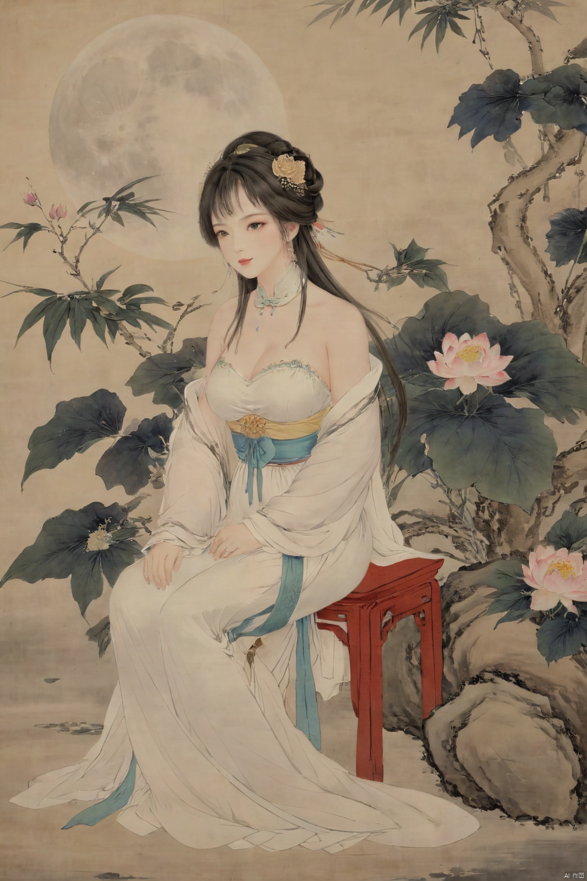 masterpiece,(best quality),1girl,Xtianqiong,flower,(big breasts:1.59),full moon, ,chinese woman, traditional chinese ink painting