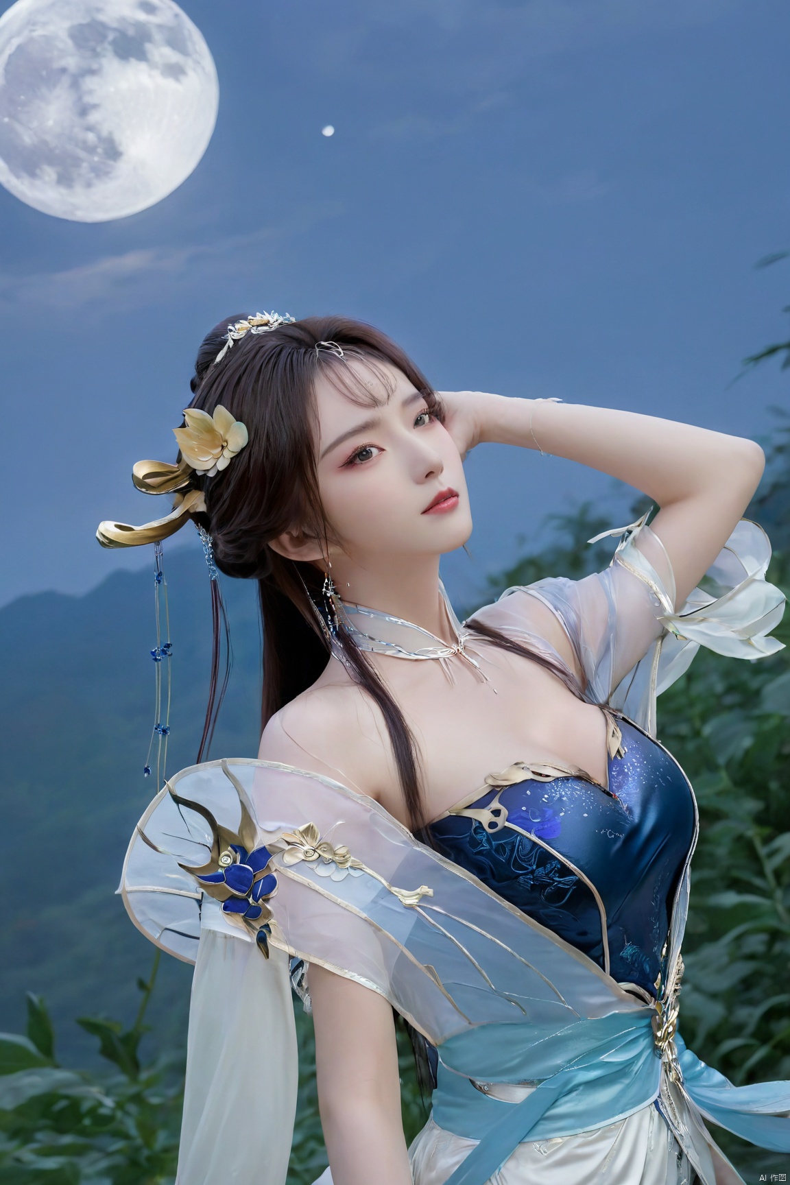 masterpiece,(best quality),1girl,Xtianqiong,flower,(big breasts:1.29),full moon, 
