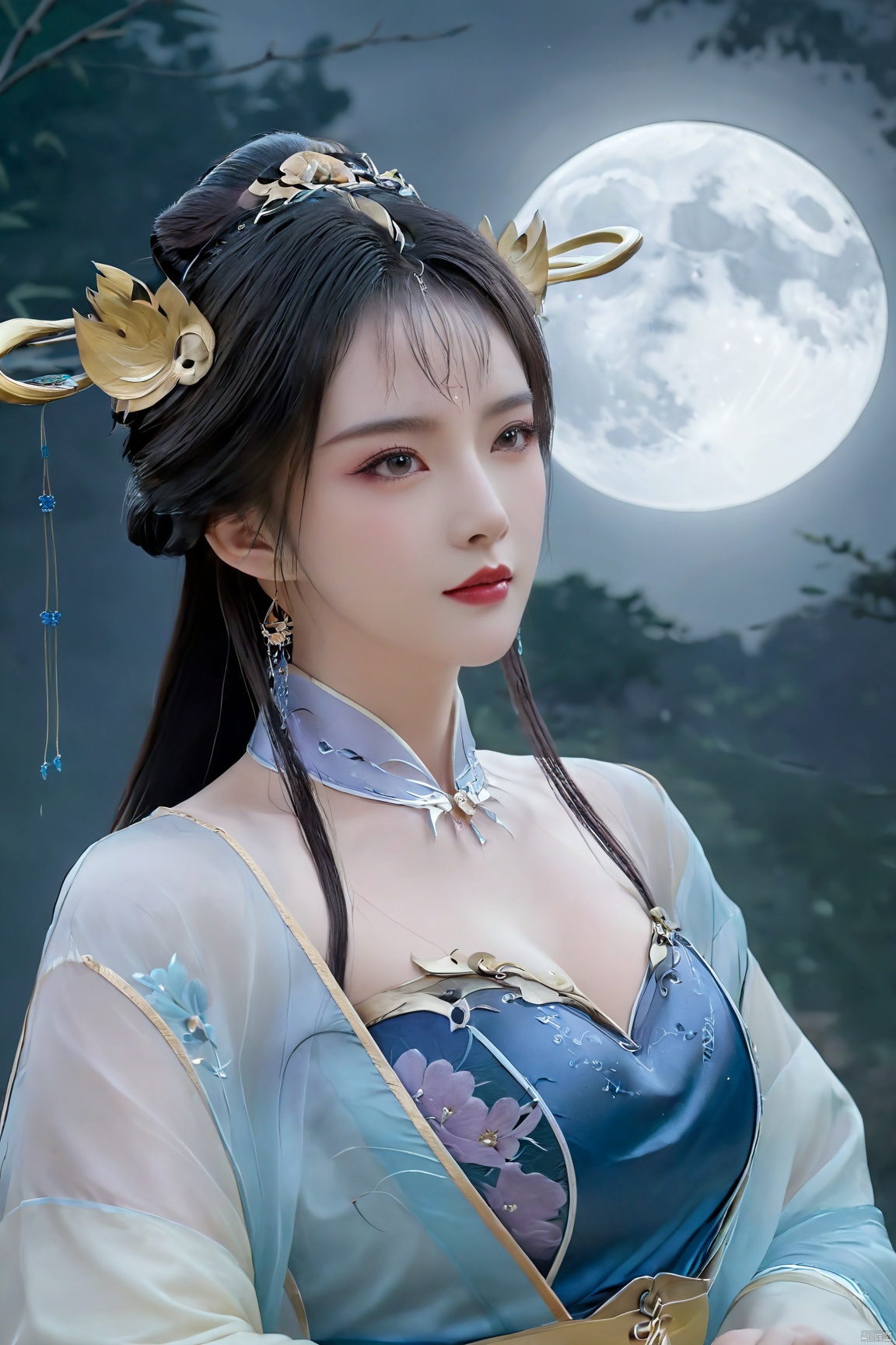 masterpiece,(best quality),1girl,Xtianqiong,flower,(big breasts:1.59),full moon, ,chinese woman, traditional chinese ink painting,hanfu
