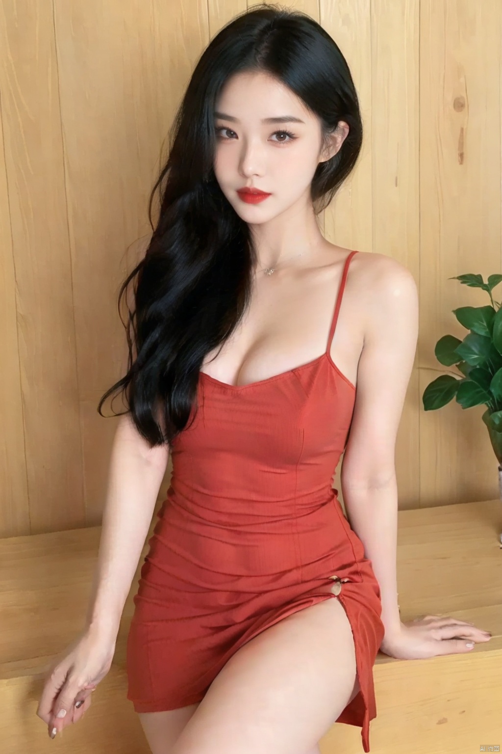 1 girl, red lips, red dress, bare shoulders, thighs, cover girl