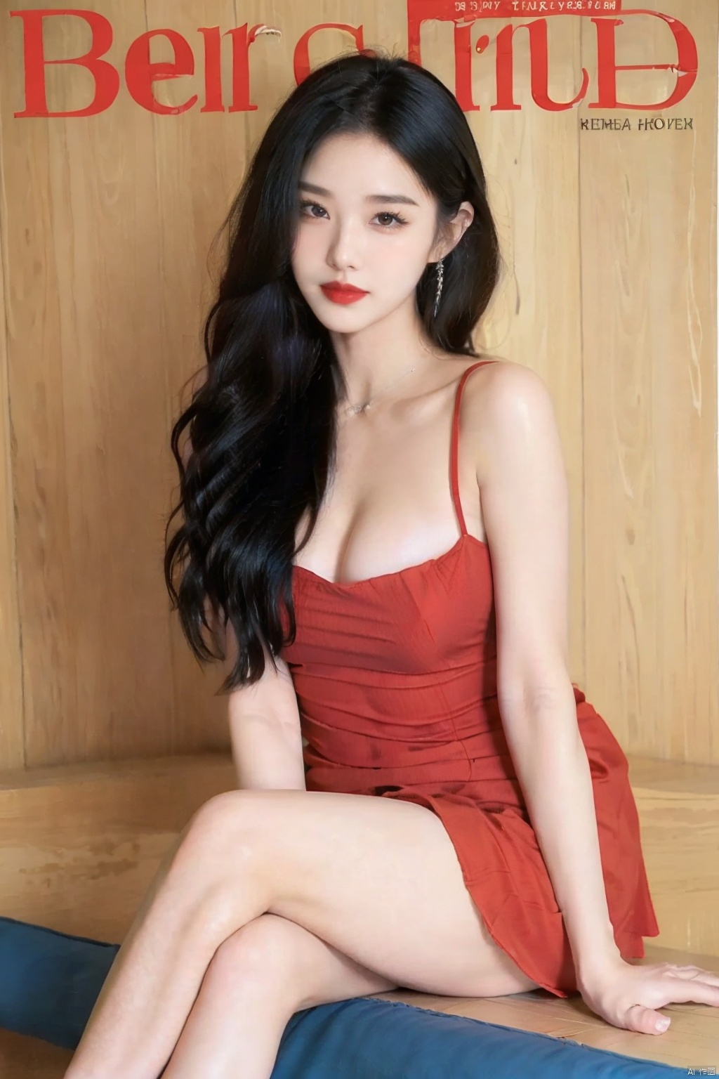 1 girl, red lips, red dress, bare shoulders, thighs, cover girl