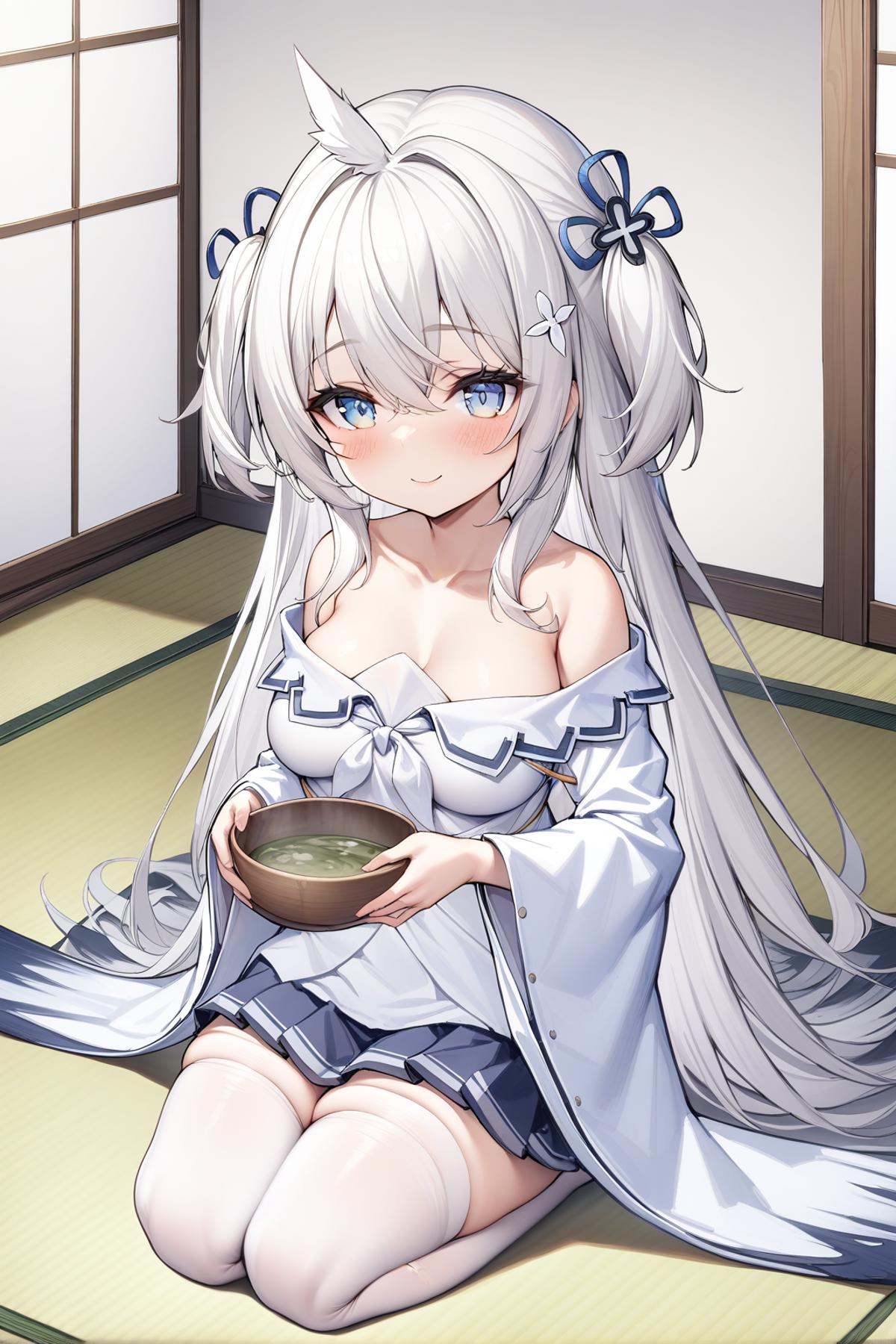 <lora:umikaze_XL_v1.0:0.8>,umikaze_\(azur_lane\), two_side_up,blue eyes,white hair,wide_sleeves, white_shirt, skirt,white legwear, seiza,smile, holding bowl,tatami, medium breasts,, masterpiece, best quality,  very aesthetic, absurdres,