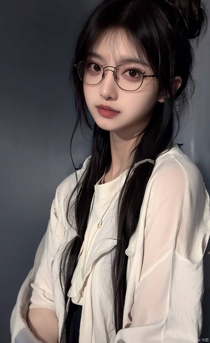 (girl:1.2),real,transparent clothes,topknot,simple_background,temptation, ((poakl)), add details,face photo,bust, realistic,topknot,1girl,glasses