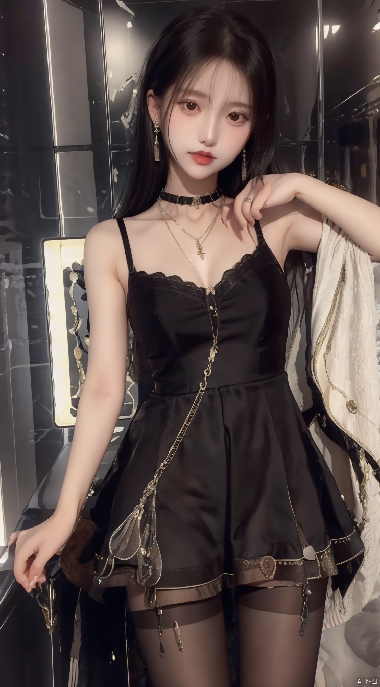 revealing dress, black pantyhose, high heels, earrings, necklace, black choker , jewelry, pendant, armlet, cum_in_face,face photo 