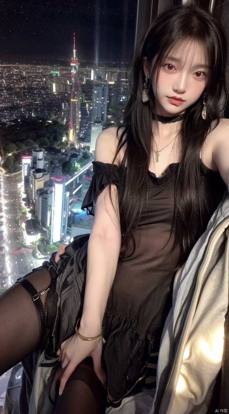 masterpiece, best quality, masterpiece,best quality,official art,extremely detailed CG unity 8k wallpaper, night, real, cityscape, huge_filesize, wallpaper, album, covr, ojousama, long hair, makeup , medium breasts, revealing dress, black pantyhose, high heels, earrings, necklace, black choker , jewelry, pendant, armlet, bracelet,hand on own breasts, stretch your legs,bust