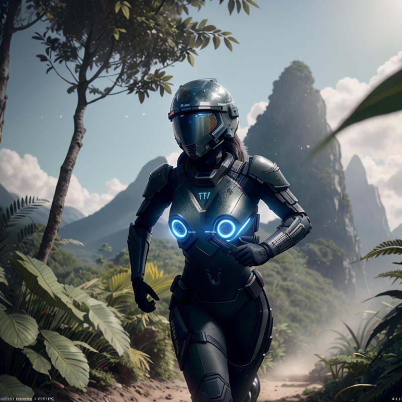 Highly detailed cinematic film still,  Hip level shot,  of (fit female soldier on Tensor.Art