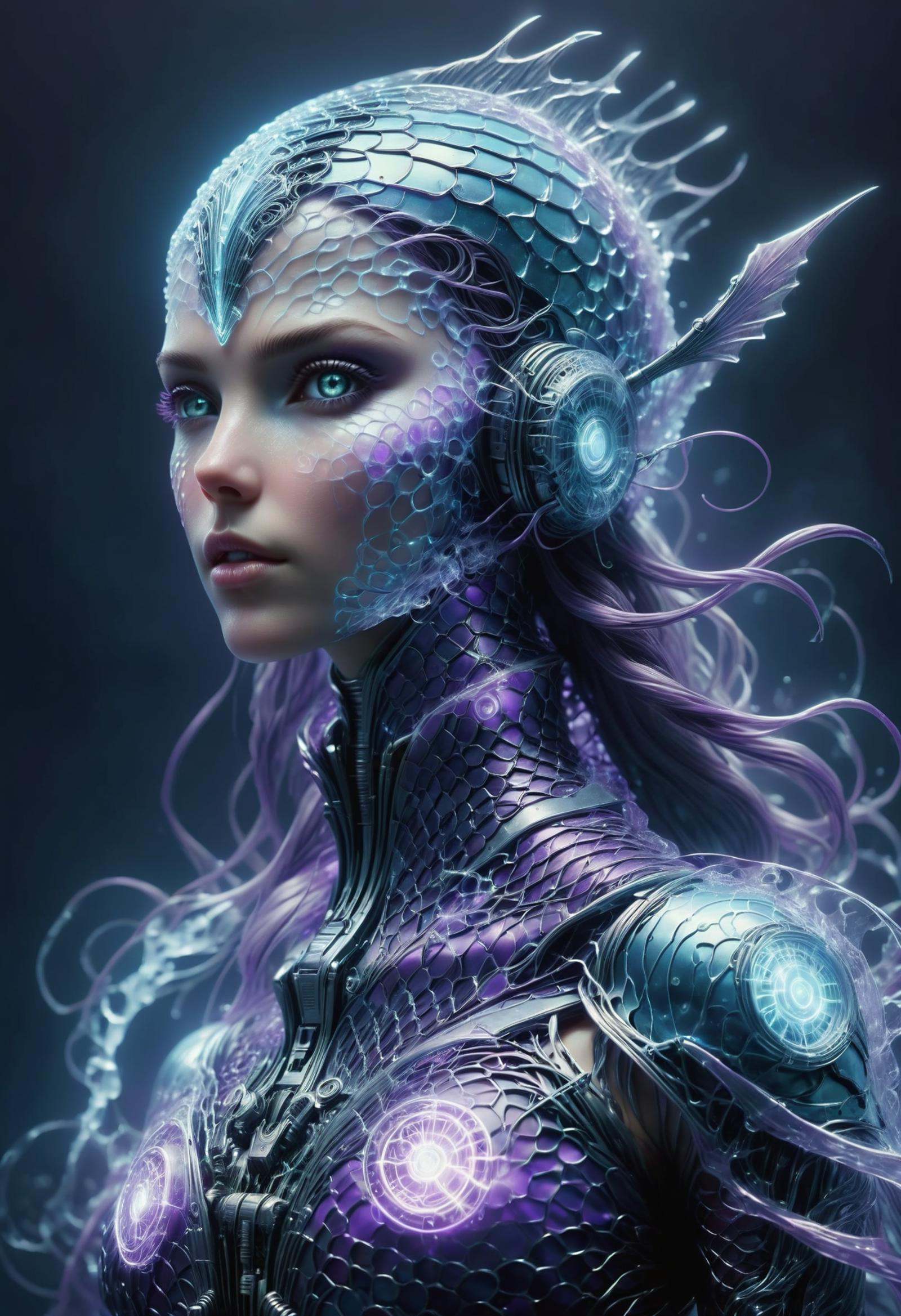 DonMF15hyXL female nanomancer,  technology manipulation,  neo-noir Enchanting with curse shaped like Amorphous of bluish-p...