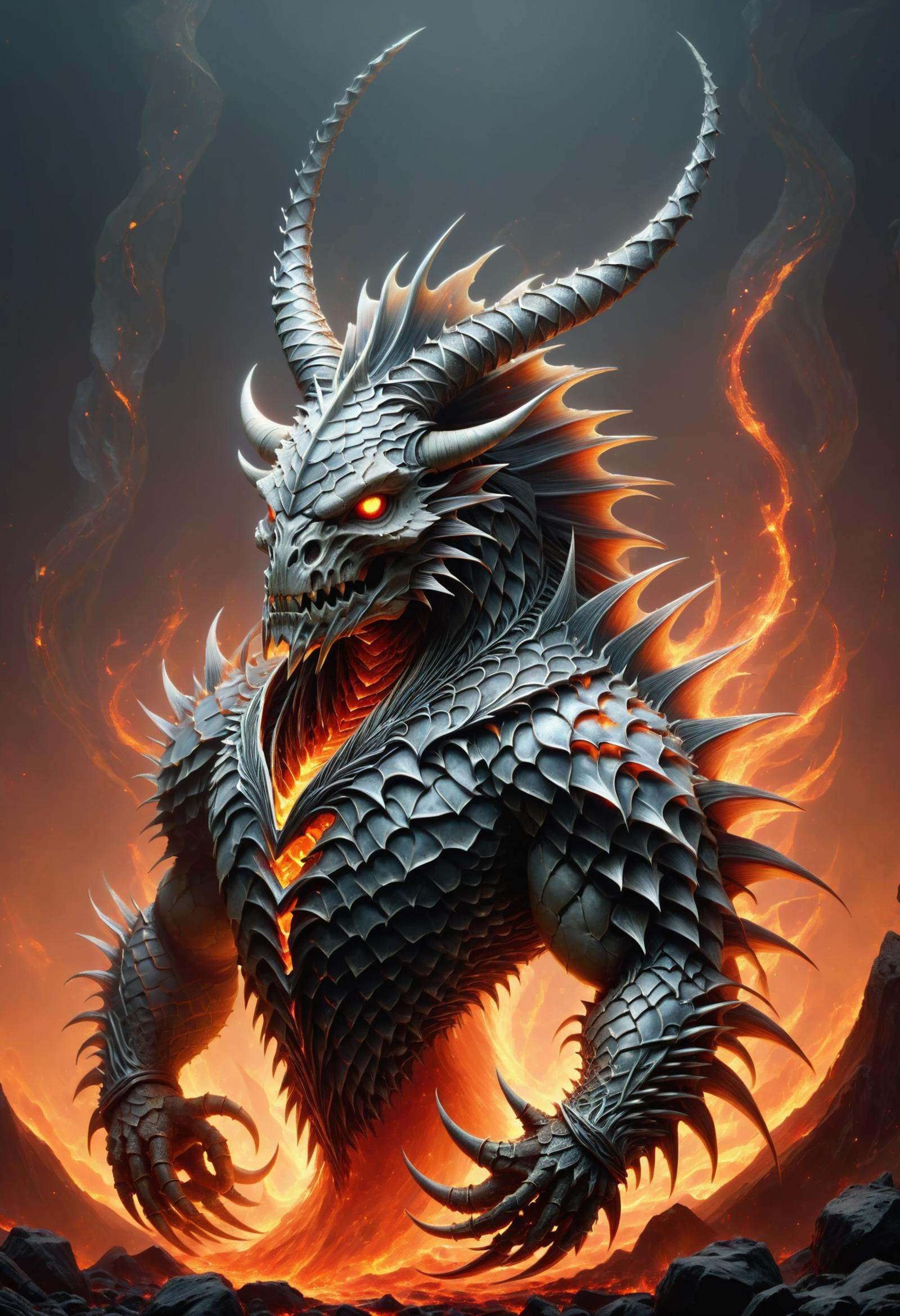DonMF15hyXL a ephemeral lava rune robust Yinglong,  spikes,  skeletal head on Tensor.Art