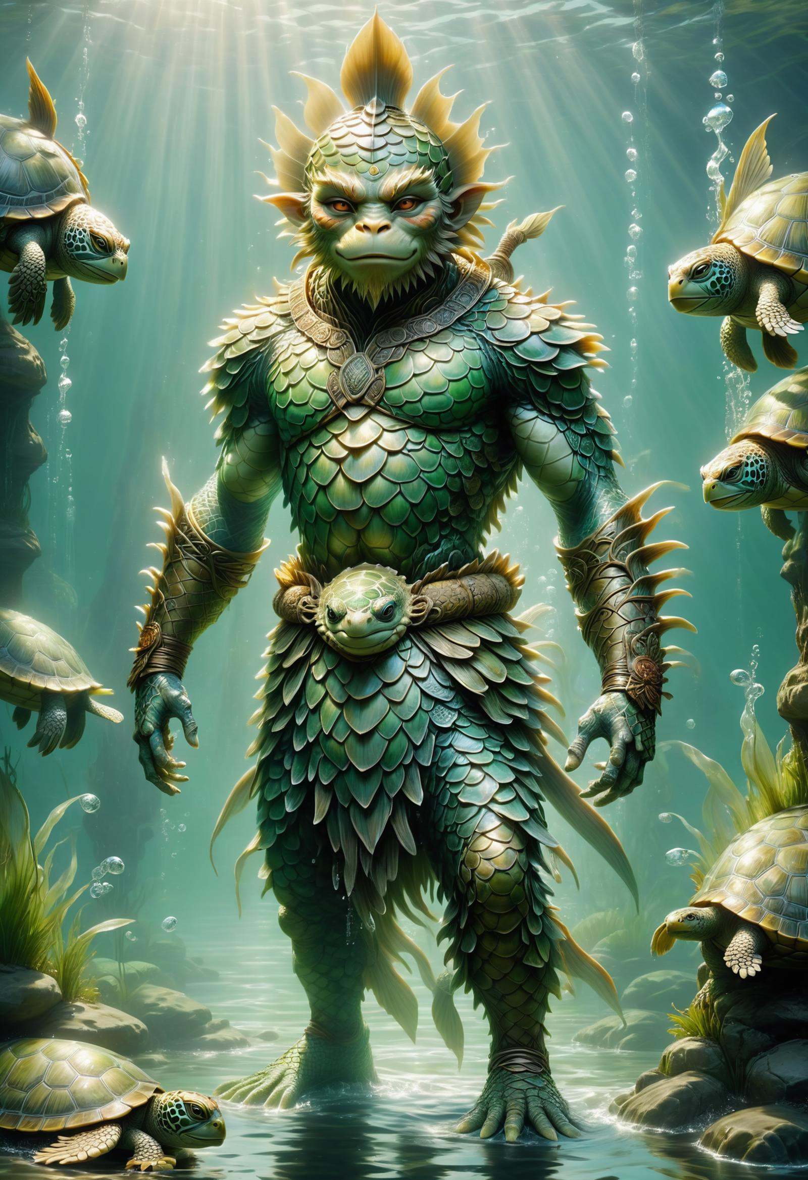 DonMF15hyXL sun wukong,  water dwelling creature,  humanoid appearance with a turtle like shell on Tensor.Art