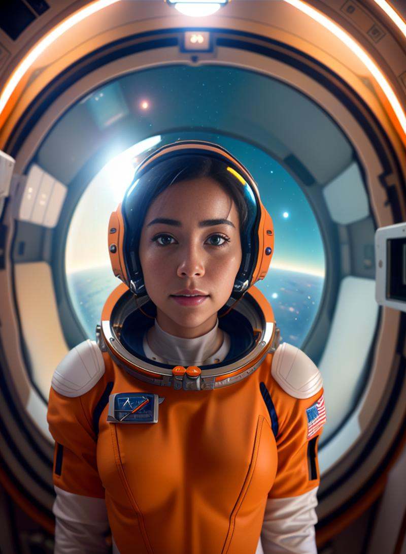 Intricately detailed cinematic film still,  of (female astronaut,  wearing tight orange and white space suit on Tensor.Art