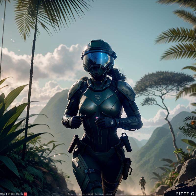 Highly detailed cinematic film still,  Hip level shot,  of (fit female soldier on Tensor.Art