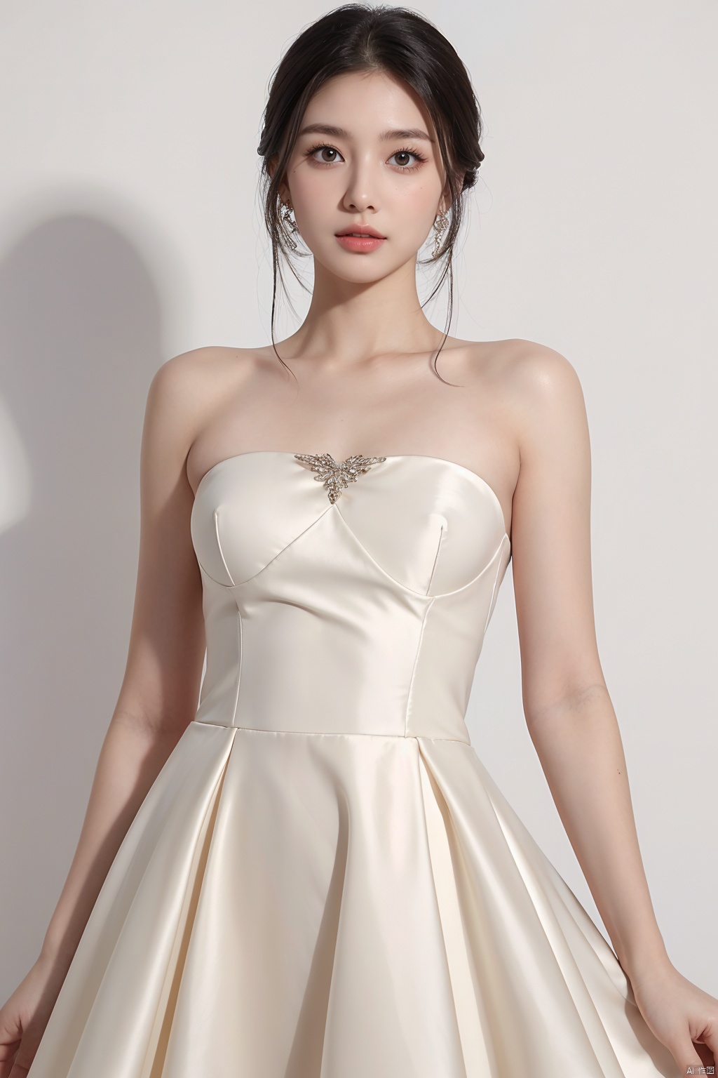 A girl,charming and elegant dress,fashionable and luxurious,with black eyes,advertising photography,white background,standing posture,upper body photo,advertising blockbuster photography,realistic,exquisite,high-definition,8K,perfect facial details,the best quality,