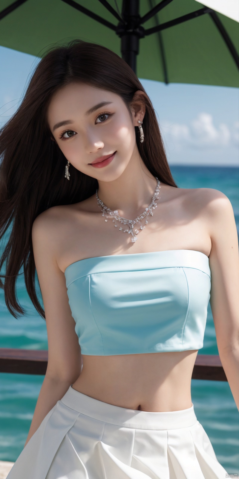  best quality, masterpiece, realistic,cowboy_shot,(Good structure), DSLR Quality,Depth of field,kind smile,looking_at_viewer,Dynamic pose, 
1girl, solo, long hair, , looking at viewer, skirt, hair ornament, bare shoulders, jewelry, ,   earrings, outdoors, midriff, water, necklace, lips, crop top,   ocean, white skirt, strapless vest, sunset, sun, , , ,  ,  , 