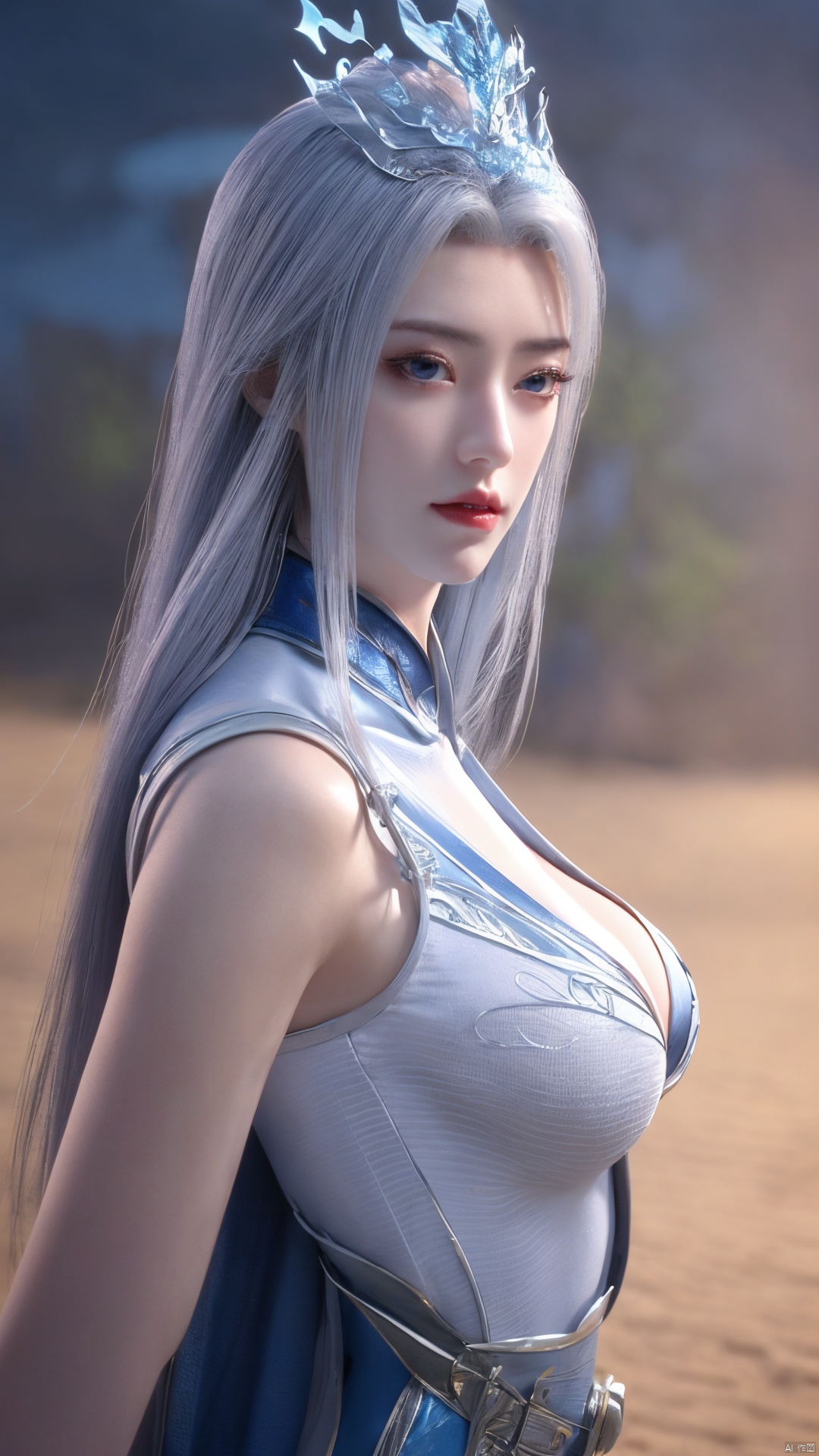 1girl,blue eyes,long white hair,silver crown,armor,headwear,gufeng,half body photo,petal,real,photo realistic,highly detailed,(masterpiece),(high quality),best quality,super detailed,full detail,4k,8k,Xningyudie, Water_butterfly, desert_sky, hanfu, Yunxiao_Fairy,(big_breasts:1.29),moyou