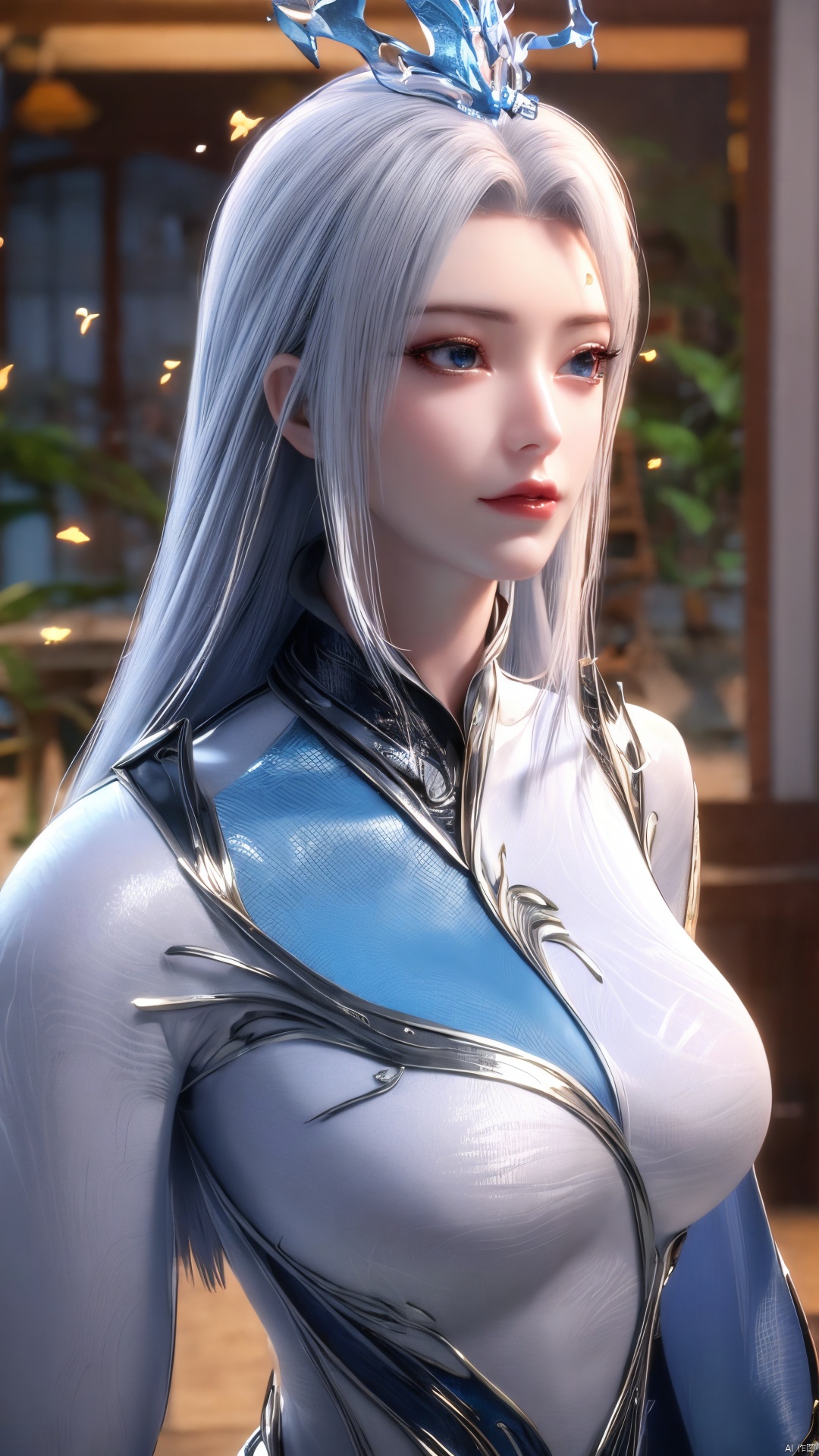 1girl,blue eyes,long white hair,silver crown,armor,headwear,gufeng,half body photo,petal,real,photo realistic,highly detailed,(masterpiece),(high quality),best quality,super detailed,full detail,4k,8k,Xningyudie, Water_butterfly, desert_sky, hanfu, Yunxiao_Fairy