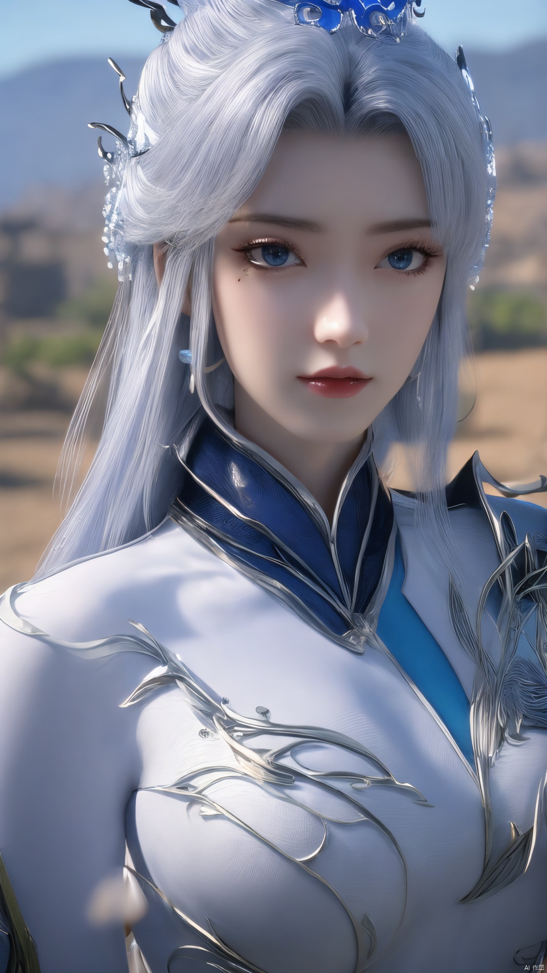 1girl,blue eyes,long white hair,silver crown,armor,headwear,gufeng,half body photo,petal,real,photo realistic,highly detailed,(masterpiece),(high quality),best quality,super detailed,full detail,4k,8k,Xningyudie, Water_butterfly, desert_sky, hanfu, Yunxiao_Fairy