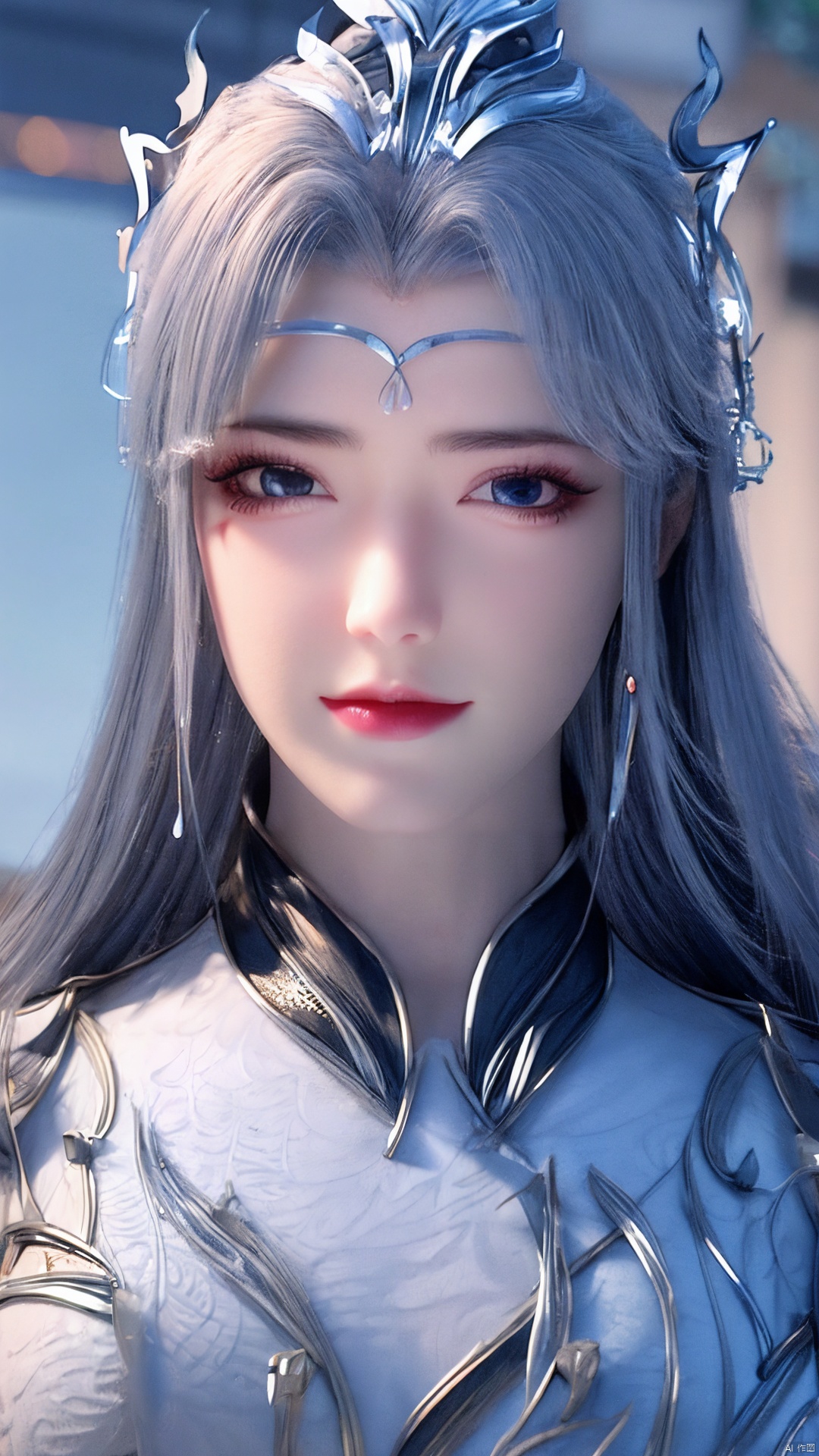 1girl,blue eyes,long white hair,silver crown,armor,headwear,gufeng,half body photo,petal,real,photo realistic,highly detailed,(masterpiece),(high quality),best quality,super detailed,full detail,4k,8k,Xningyudie, Water_butterfly, desert_sky, hanfu, Yunxiao_Fairy