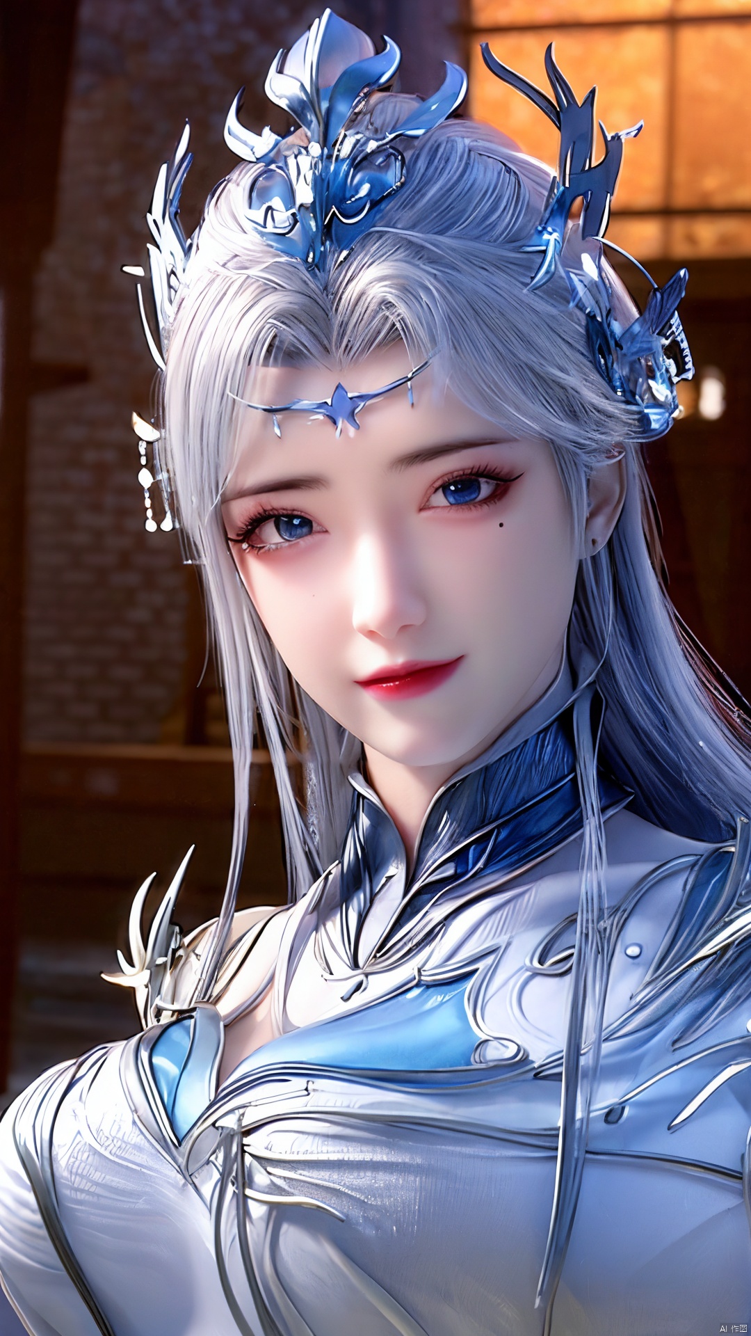 1girl,blue eyes,long white hair,silver crown,armor,headwear,gufeng,half body photo,petal,real,photo realistic,highly detailed,(masterpiece),(high quality),best quality,super detailed,full detail,4k,8k,Xningyudie, Water_butterfly, desert_sky, hanfu, Yunxiao_Fairy,(big_breasts:1.29)