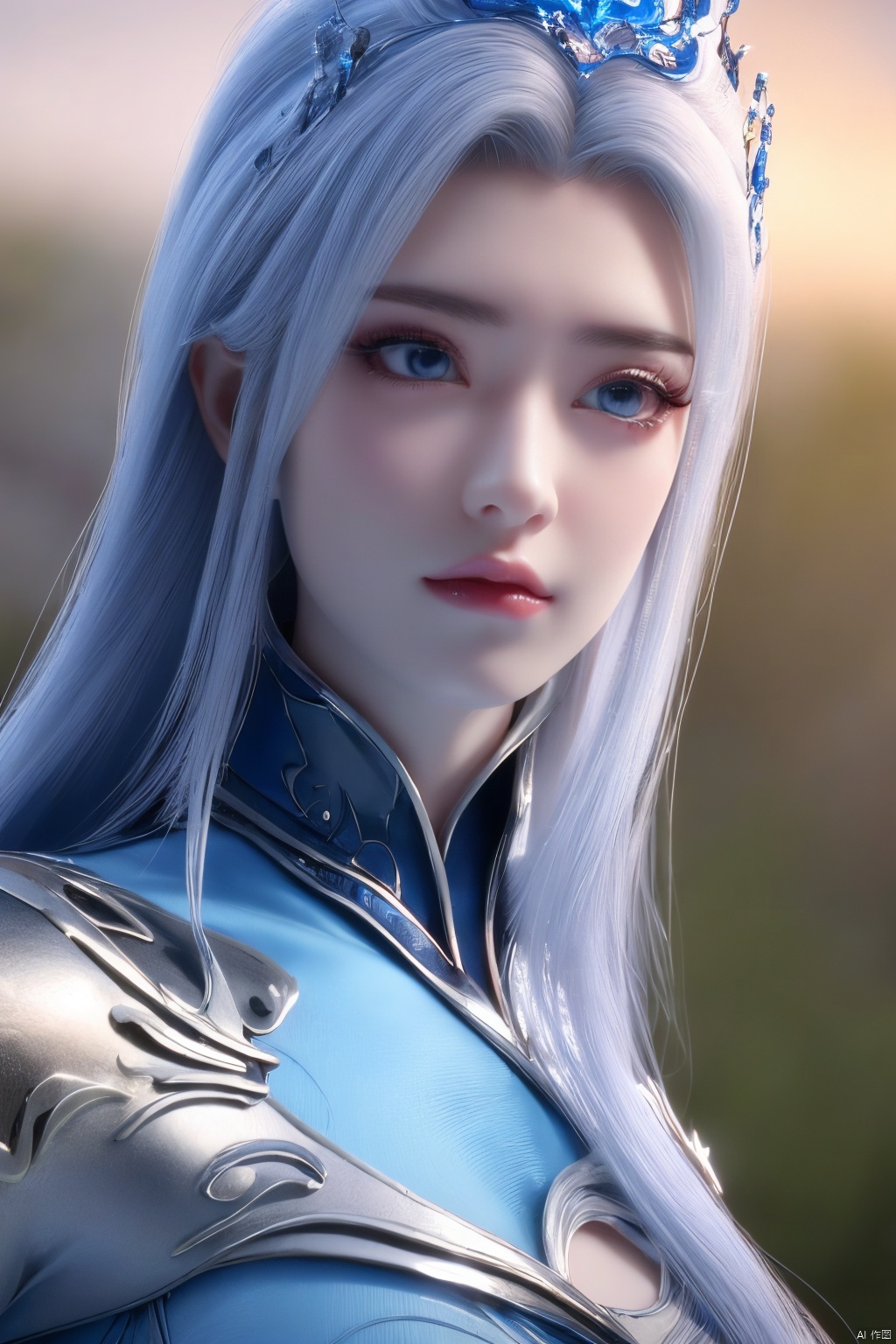 1girl,blue eyes,long white hair,silver crown,armor,headwear,gufeng,half body photo,petal,real,photo realistic,highly detailed,(masterpiece),(high quality),best quality,super detailed,full detail,4k,8k,Xningyudie