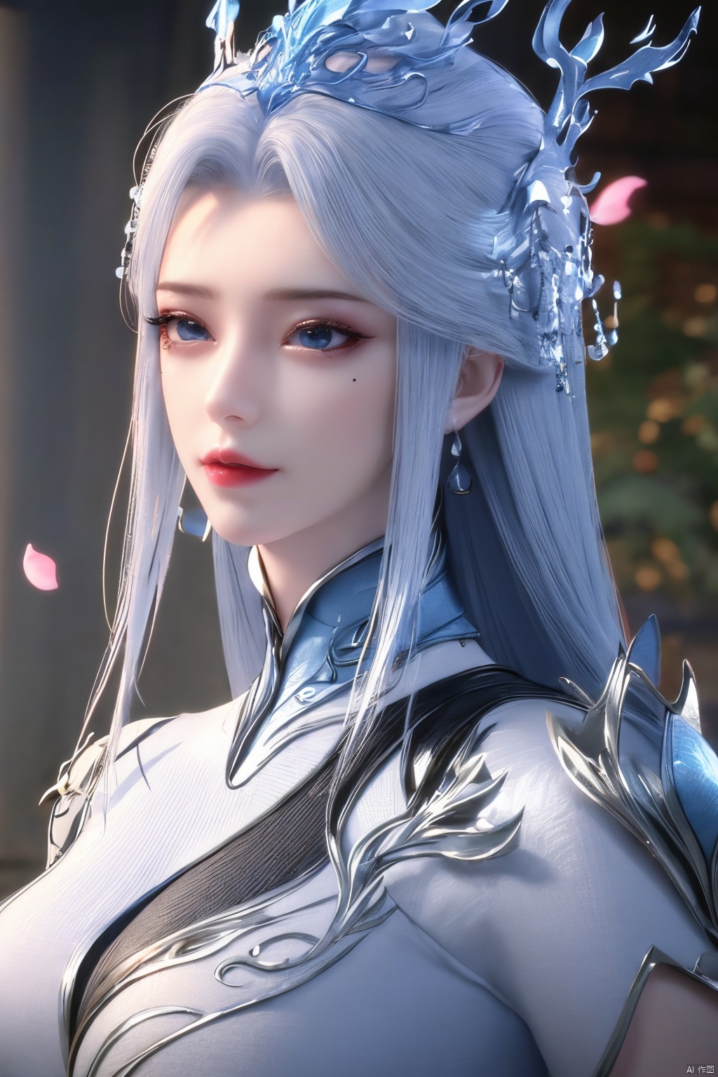 1girl,blue eyes,long white hair,silver crown,armor,headwear,gufeng,half body photo,petal,real,photo realistic,highly detailed,(masterpiece),(high quality),best quality,super detailed,full detail,4k,8k,Xningyudie