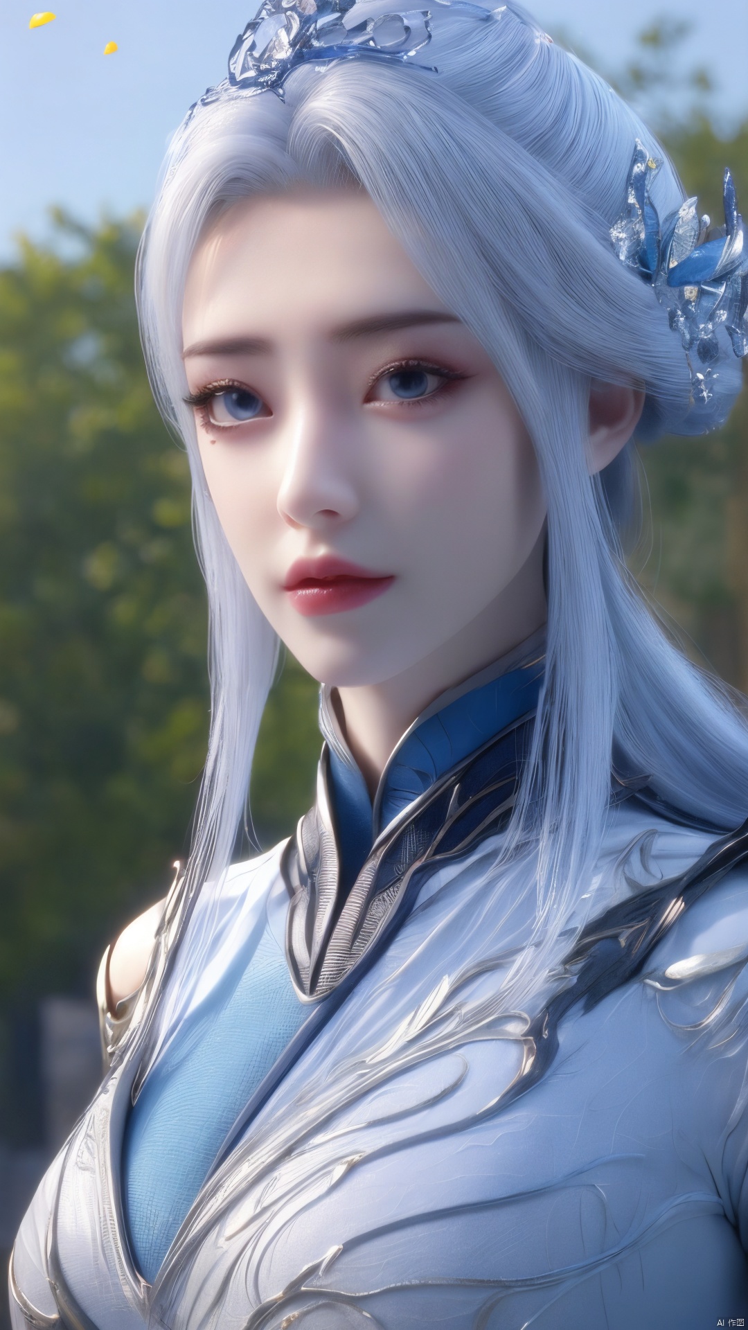 1girl,blue eyes,long white hair,silver crown,armor,headwear,gufeng,half body photo,petal,real,photo realistic,highly detailed,(masterpiece),(high quality),best quality,super detailed,full detail,4k,8k,Xningyudie, Water_butterfly, desert_sky, hanfu, Yunxiao_Fairy