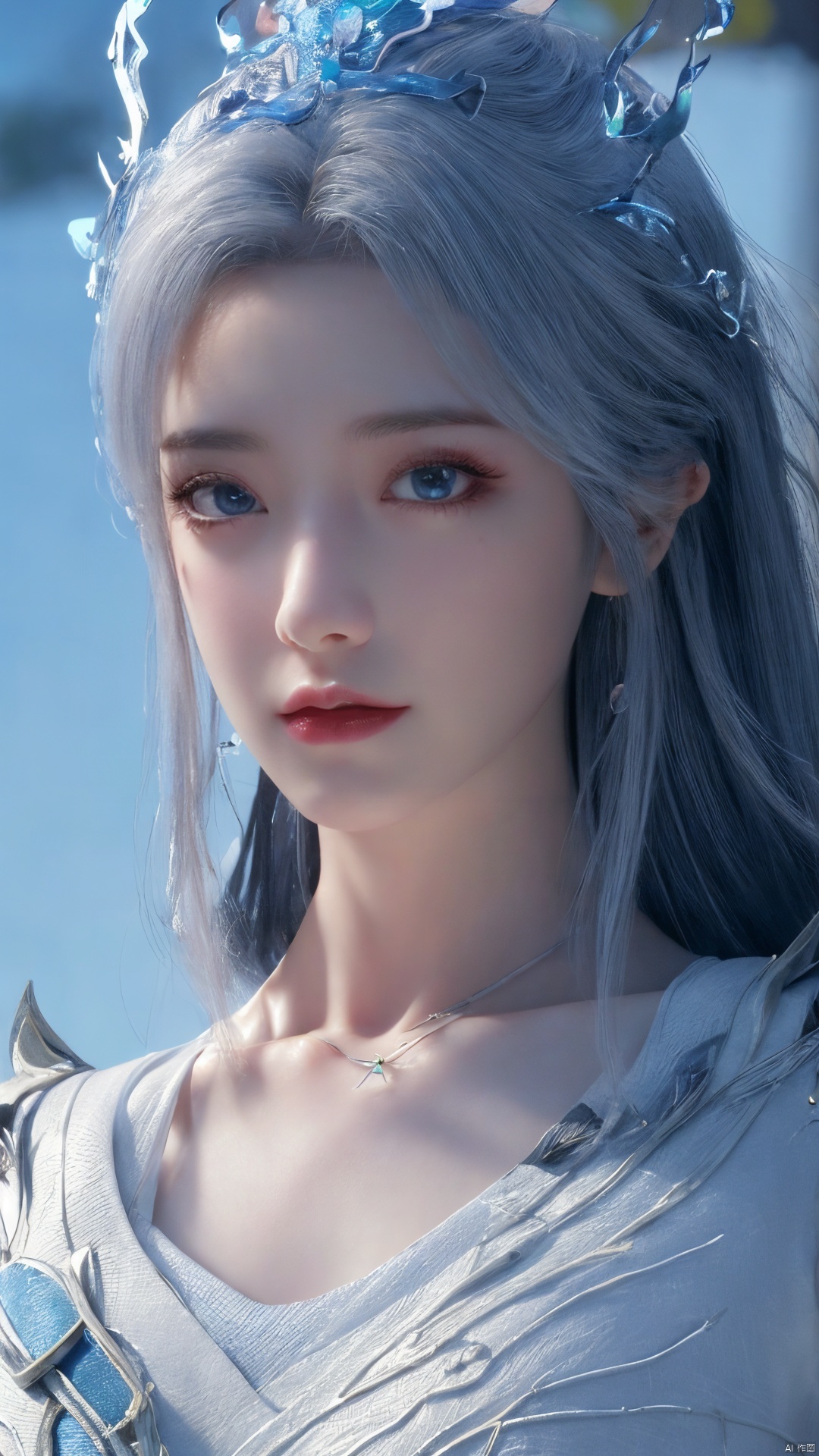 1girl,blue eyes,long white hair,silver crown,armor,headwear,gufeng,half body photo,petal,real,photo realistic,highly detailed,(masterpiece),(high quality),best quality,super detailed,full detail,4k,8k,Xningyudie, Water_butterfly, desert_sky, hanfu, Yunxiao_Fairy,(big_breasts:1.29),moyou,depth of field